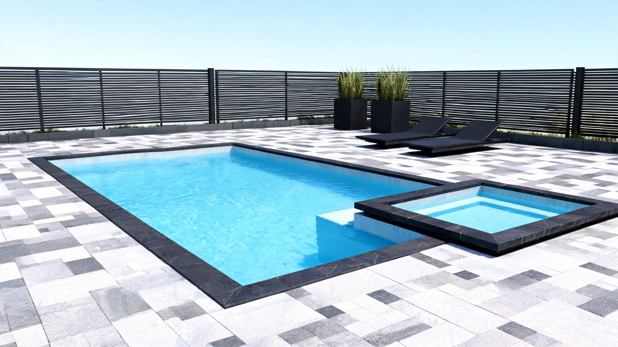 rock around pool ideas with modern paver pool deck black border raised spa and simple planters near privacy fence