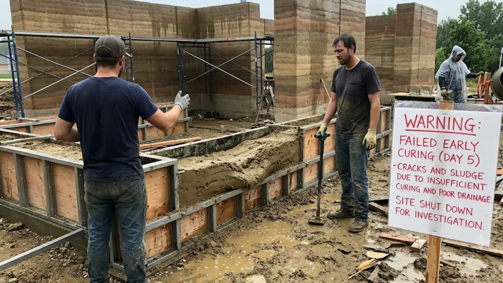 muddy construction site with compromised rammed earth walls and a prominent warning sign about curing failure