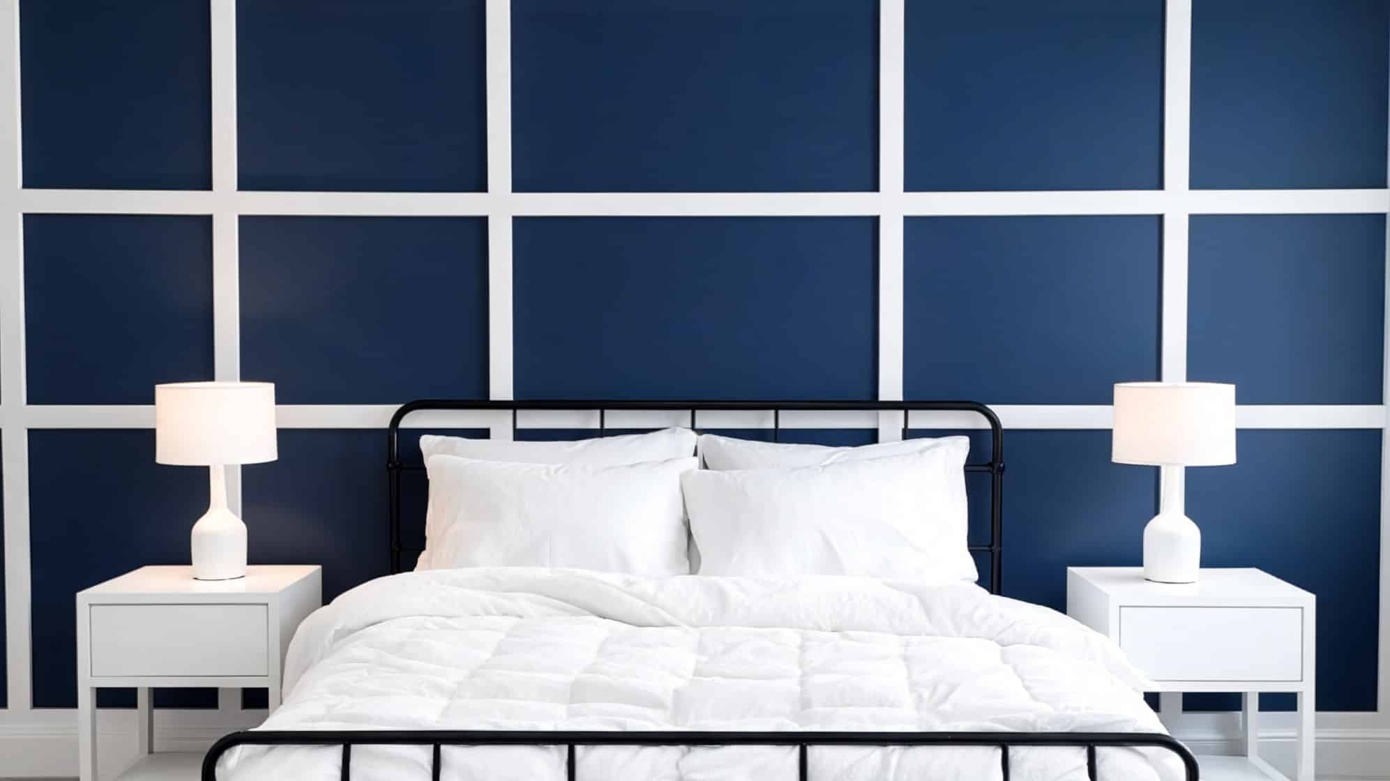 diy board and batten wall behind a bed with navy panels white trim black metal bed and white bedding
