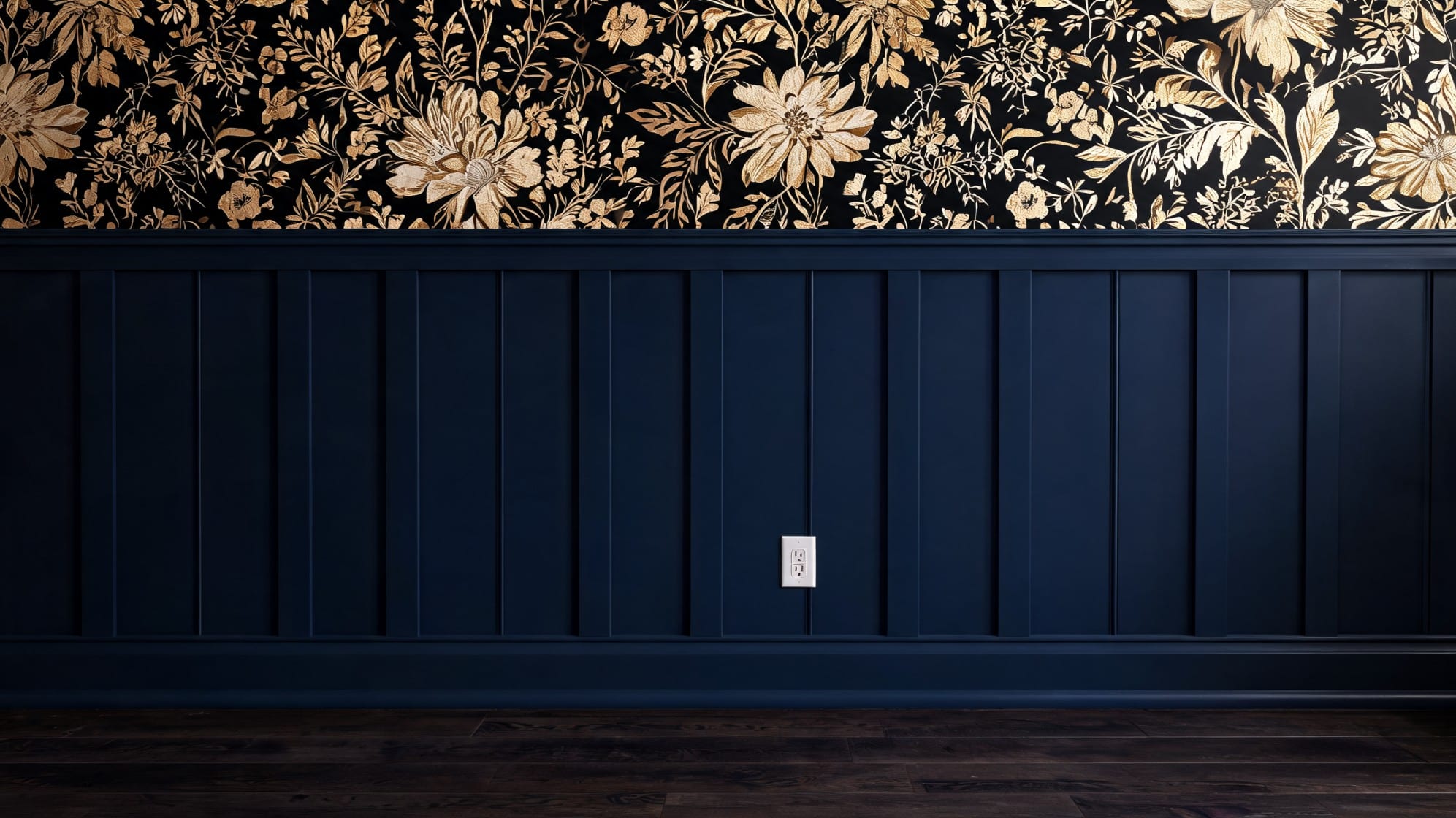 diy board and batten wall with navy lower panels black and gold floral wallpaper and dark wood floor