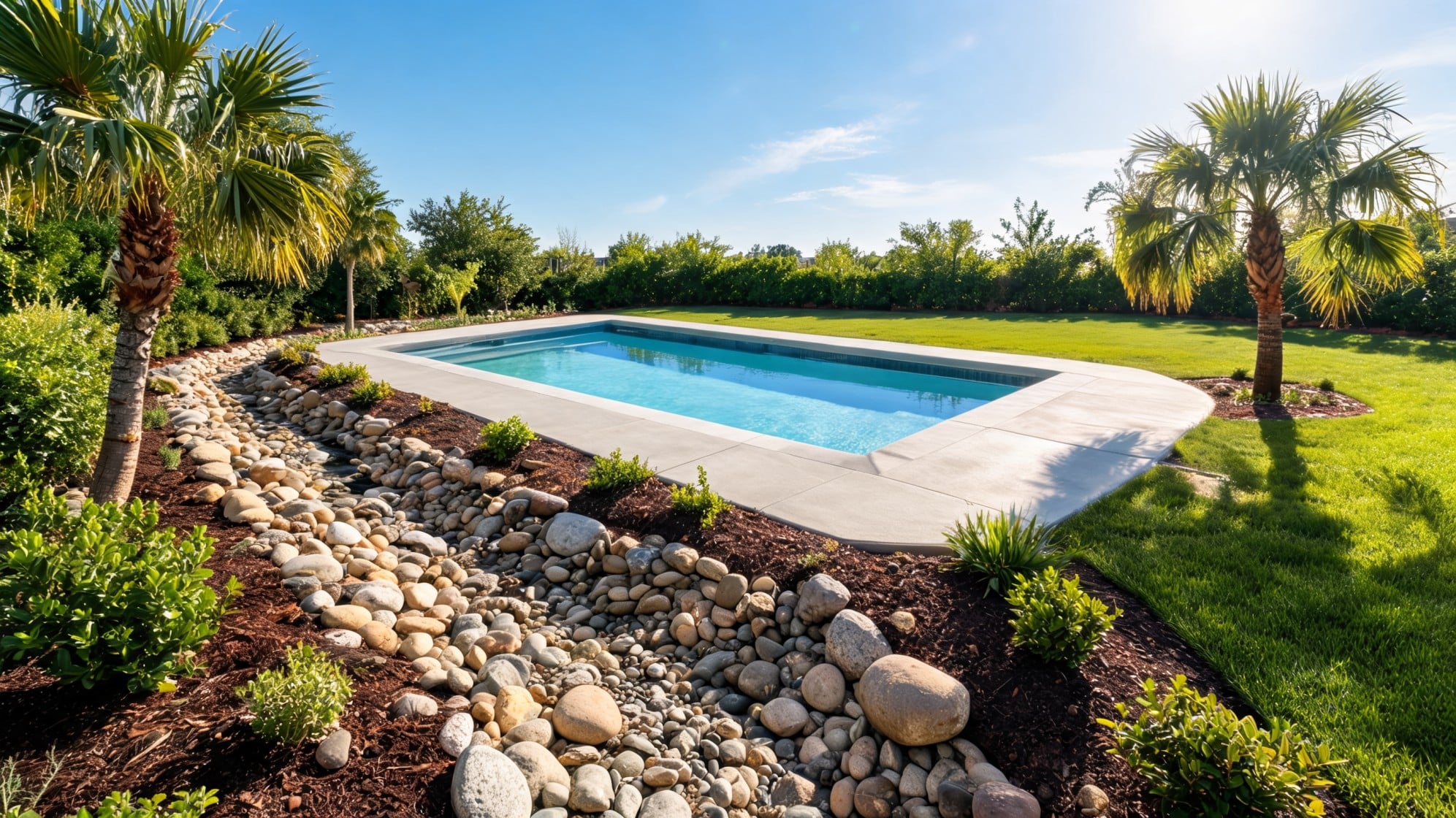 rock around pool ideas with river rock drainage bed mulch shrubs palm trees and clean concrete pool edge