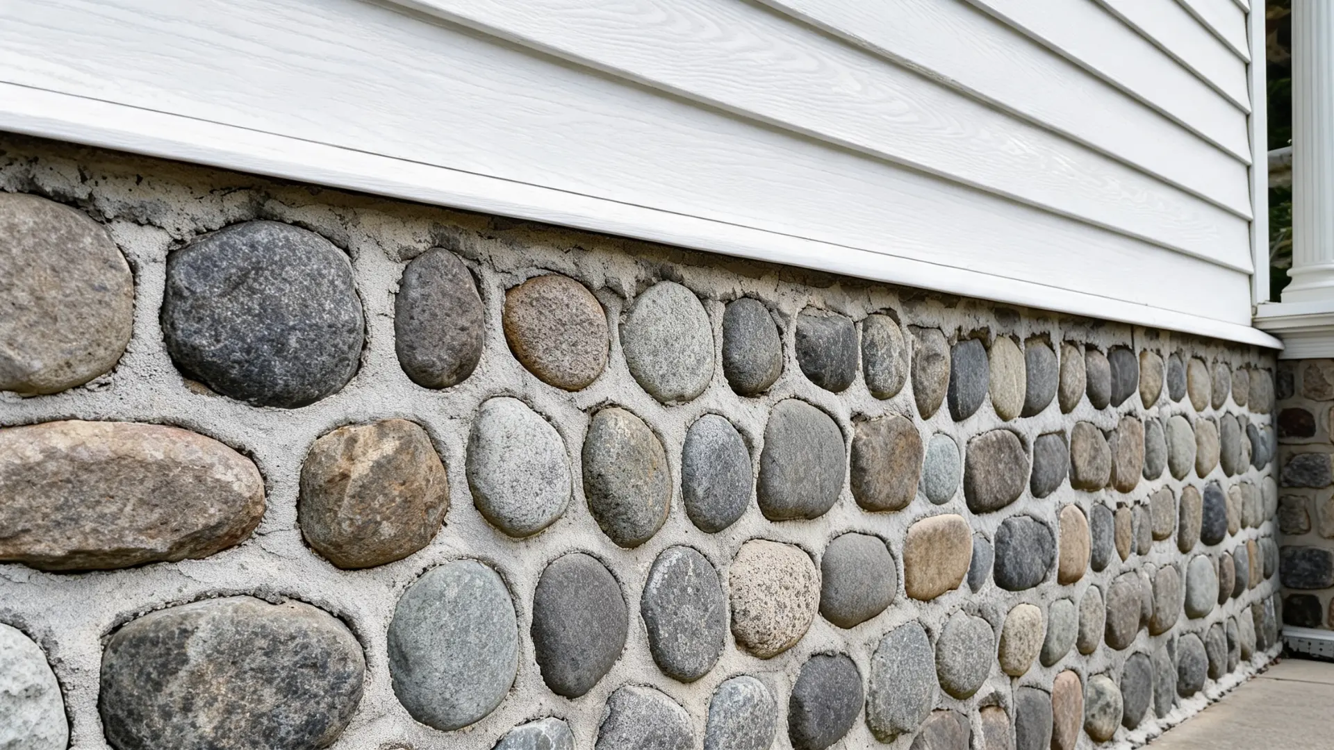 rounded cobblestone wainscoting on a heritage home exterior
