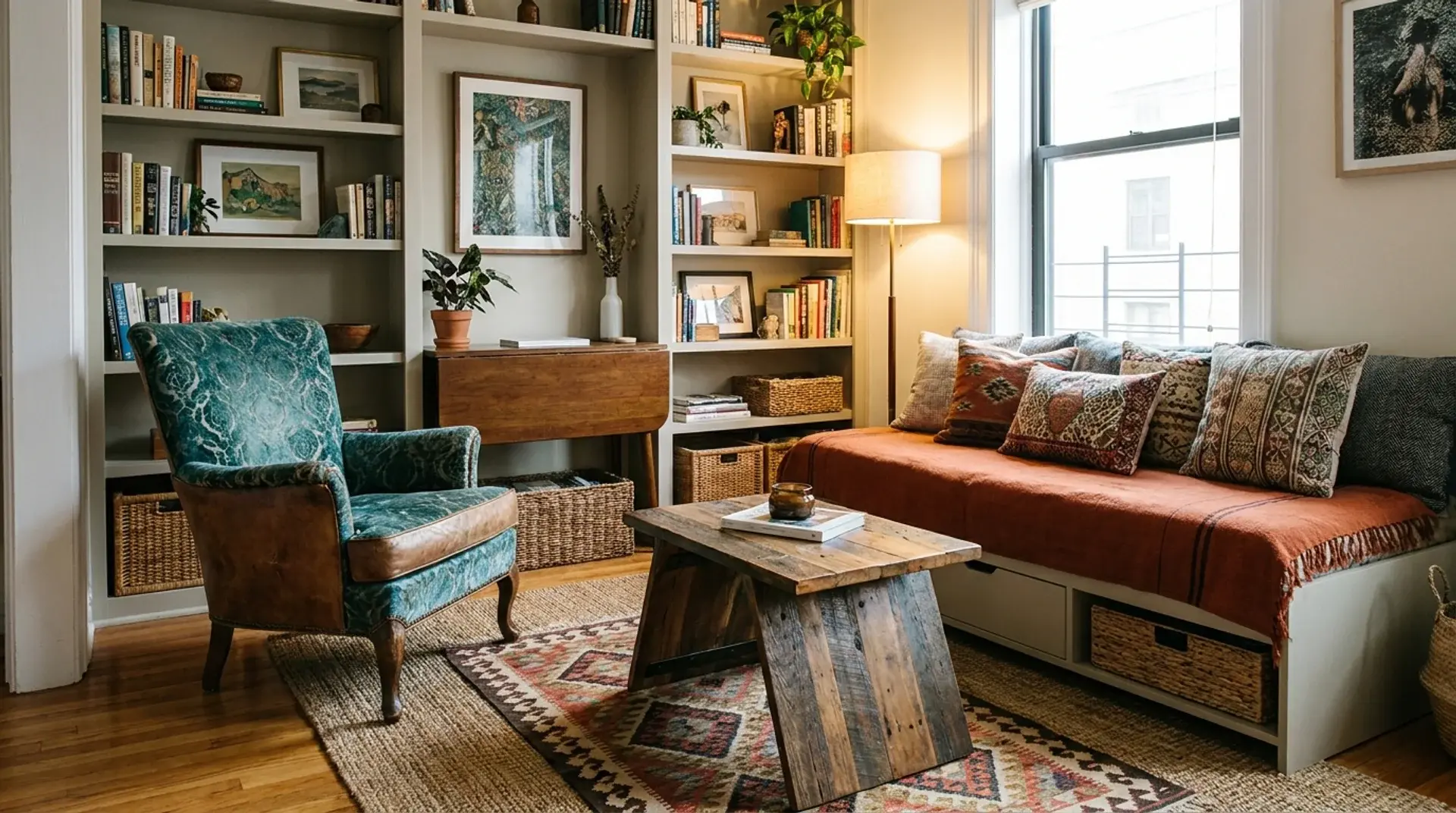 Small eclectic apartment with statement furniture, artwork, and layered décor elements