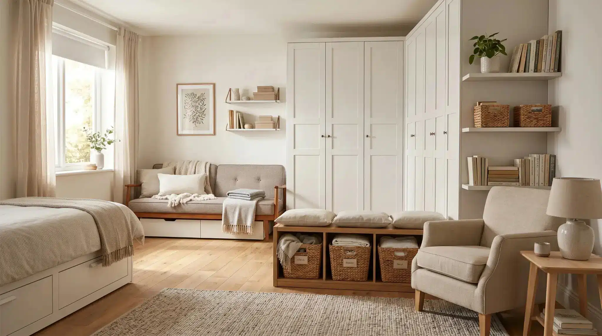 small bedroom layout compact bedroom with storage bed floating shelves dresser round mirror and open floor space