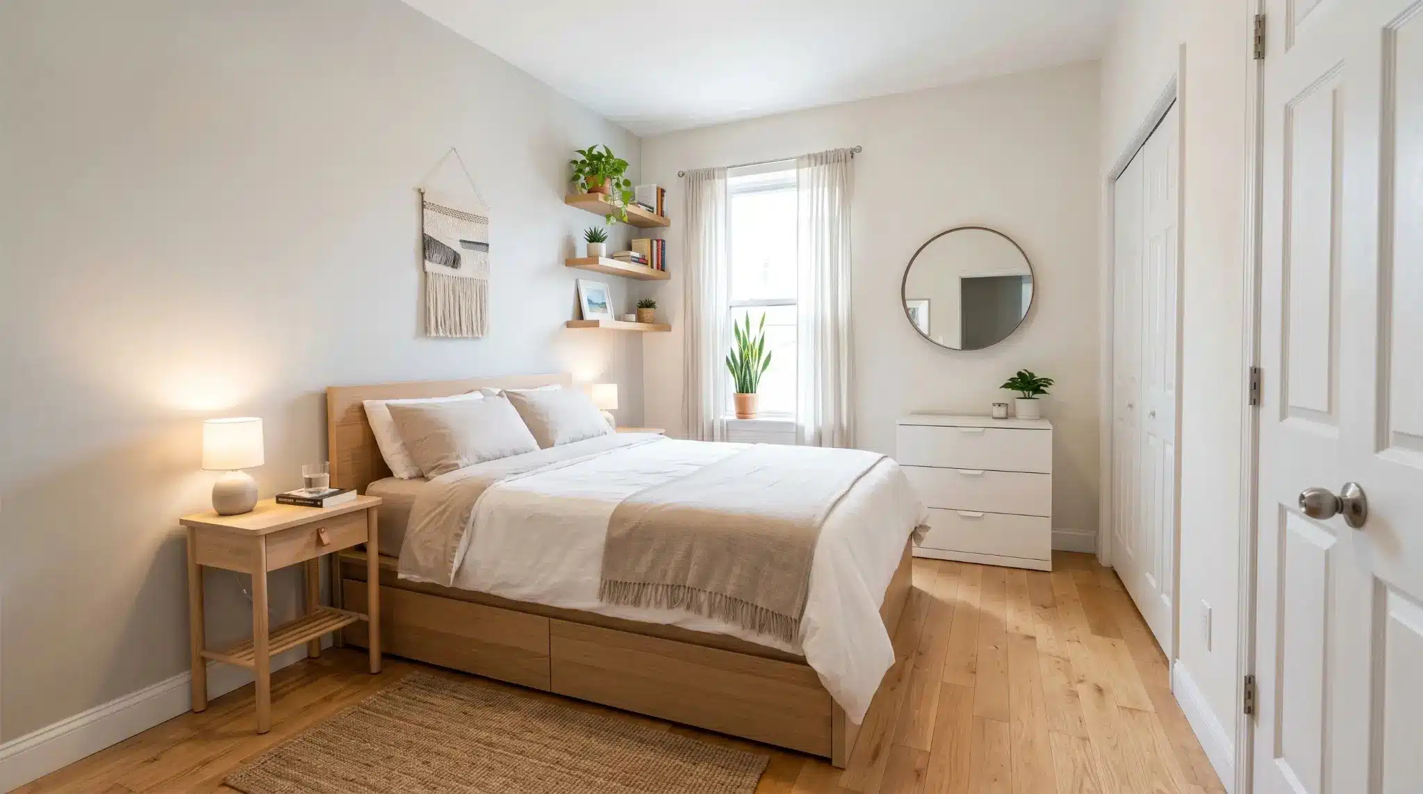 small bedroom with wood bed, nightstand, wall shelves, dresser, round mirror, plants, and soft natural light