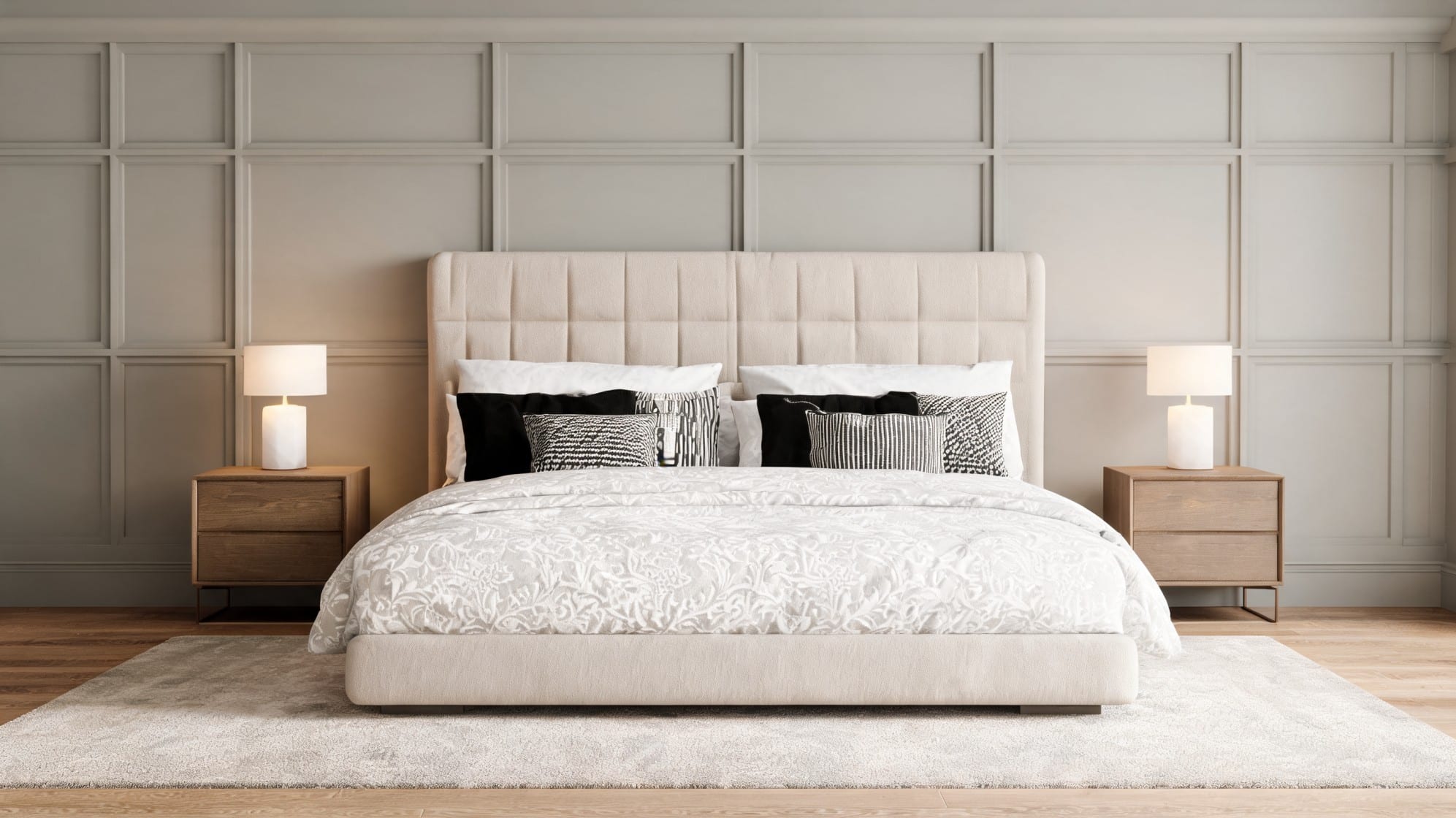 soft greige grid board and batten bedroom wall with beige bed wood nightstands white bedding and lamps