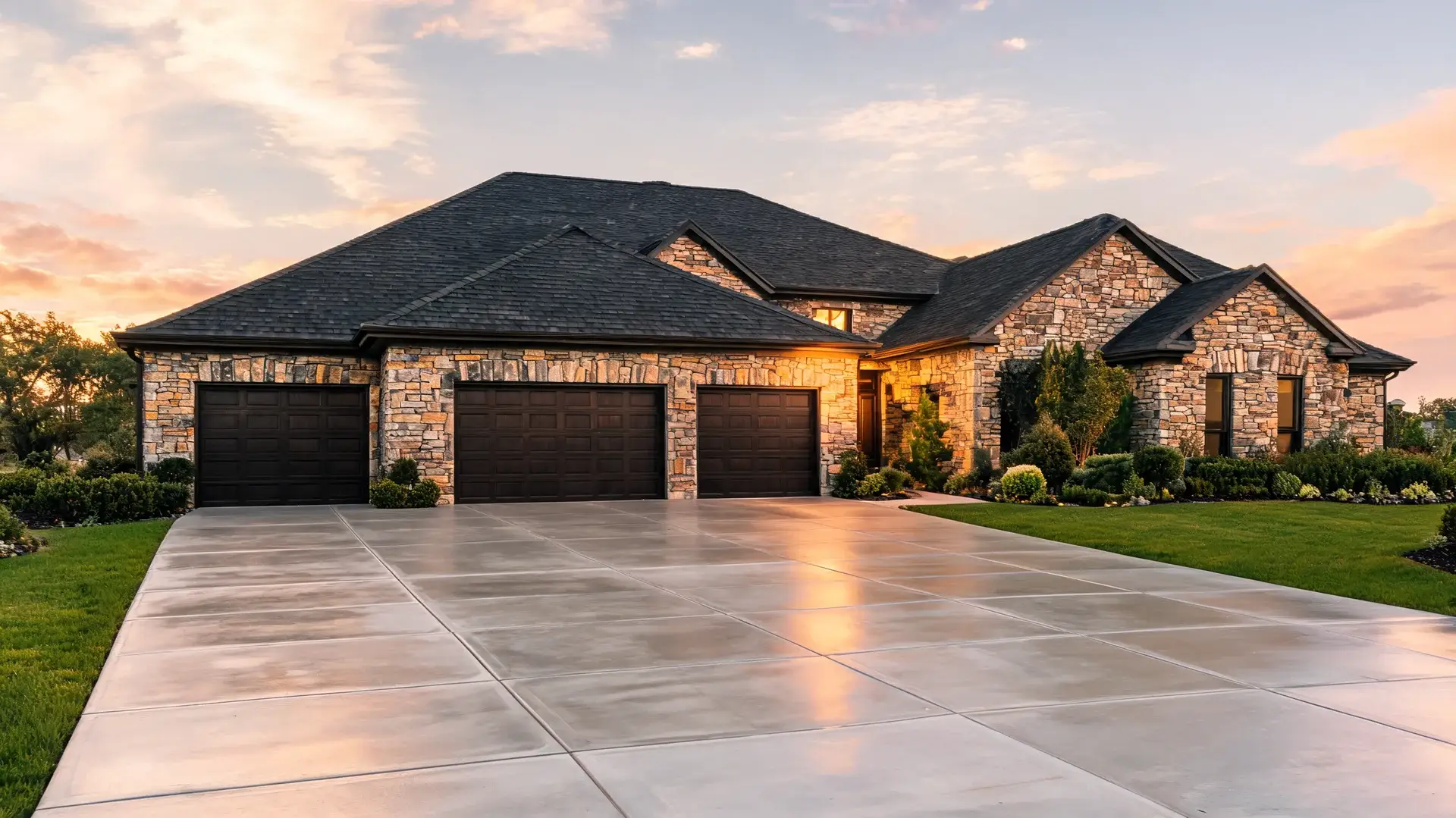 stamped-concrete-driveway-with-smooth-square-pattern-outside-a-luxury-stone-house-with-three-garage-doors