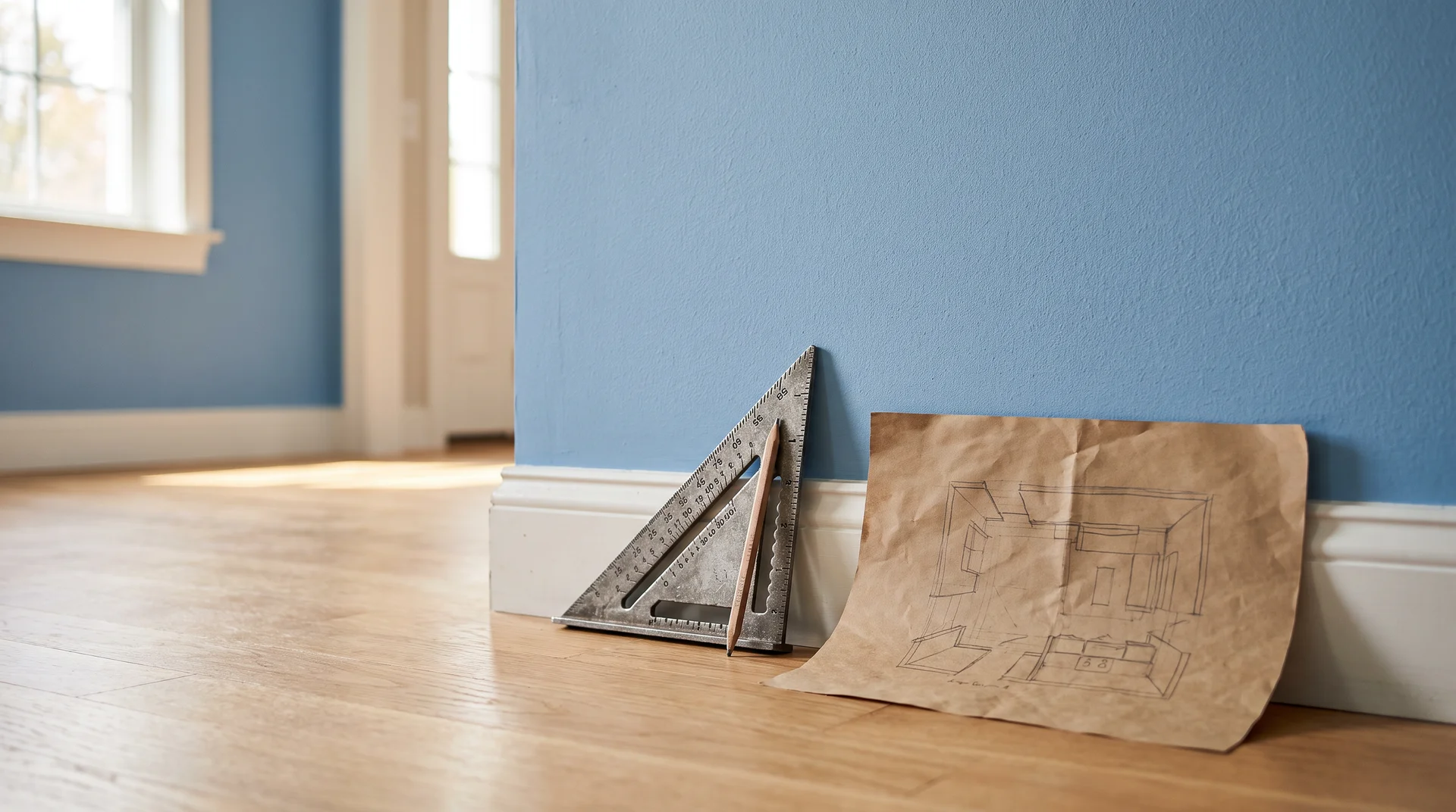 Blank powder blue wall in a bright entryway with a speed square and hand-drawn trim layout sketch.