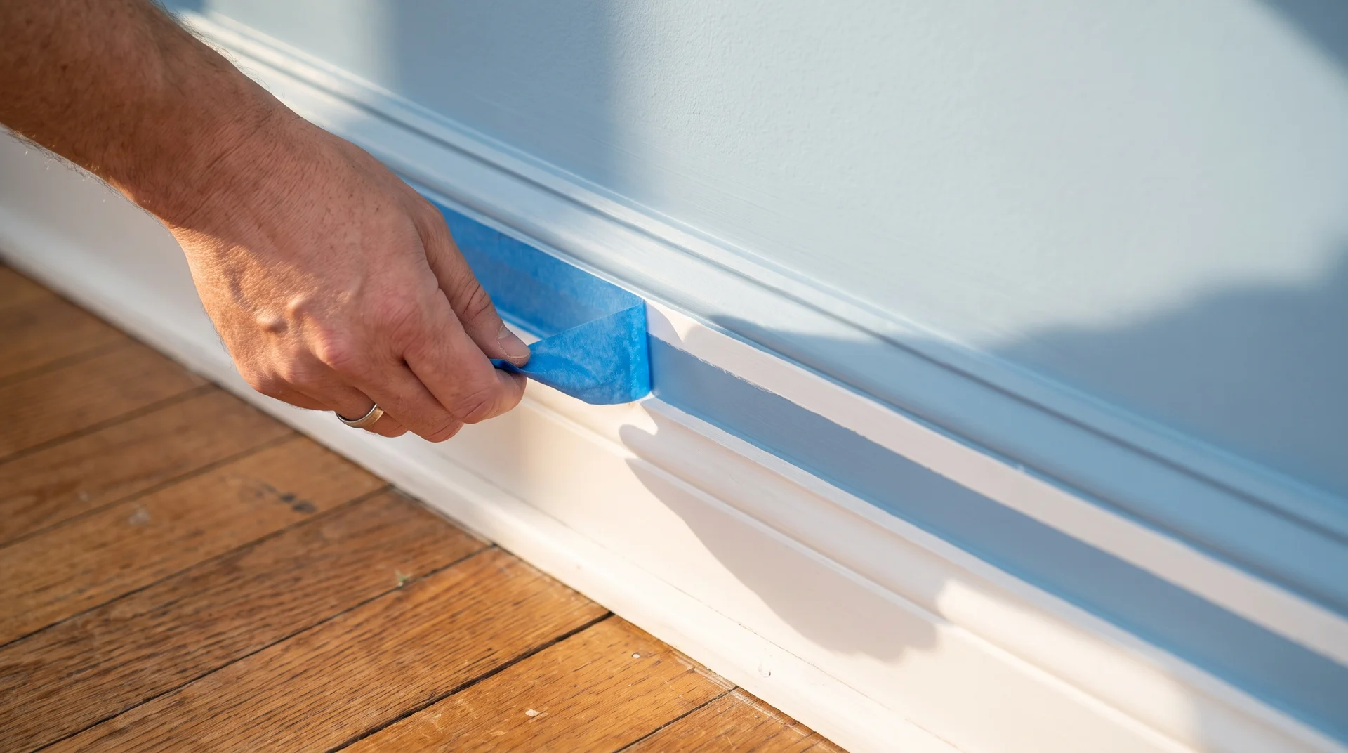 Hand peeling painter's tape at a 45-degree angle from a finished powder blue picture frame trim accent wall.