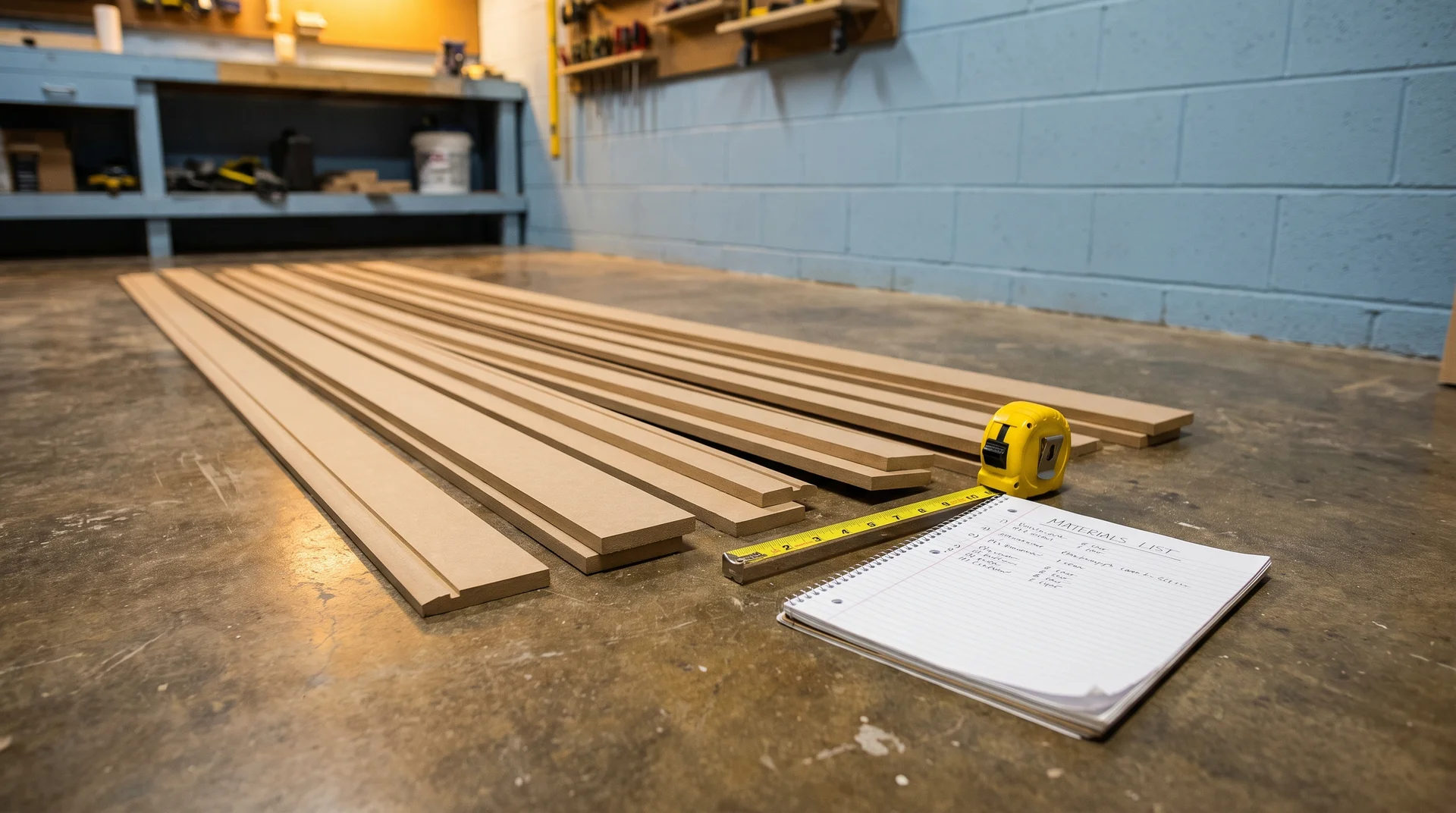 MDF trim boards laid on a floor beside a tape measure and materials list with a powder blue wall behind.