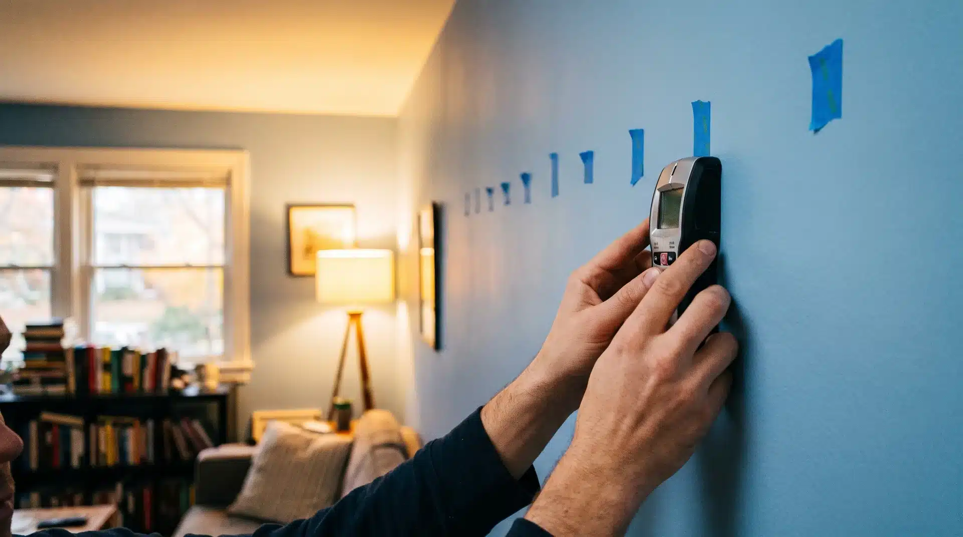 Person holding a stud finder against a powder blue wall with painter's tape marking stud positions.
