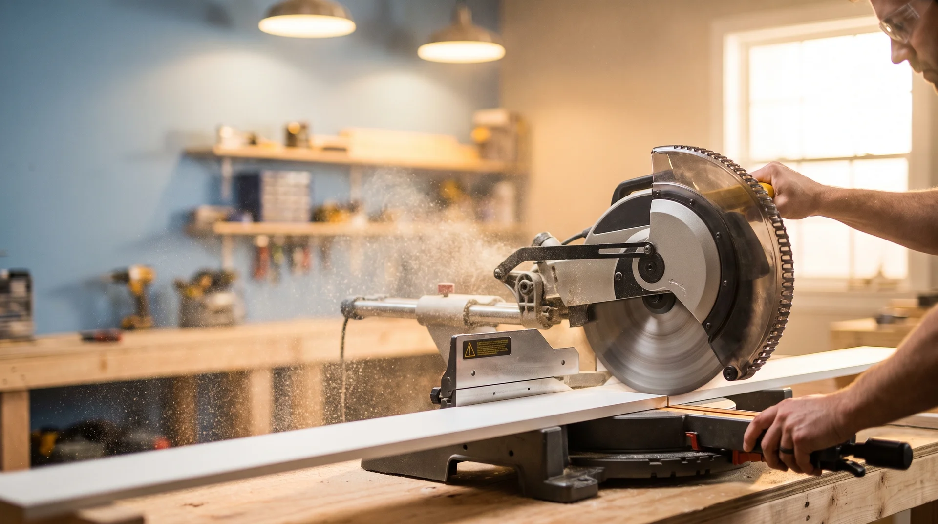 Miter saw cutting a white MDF trim board on an elevated workbench with a powder blue wall behind.