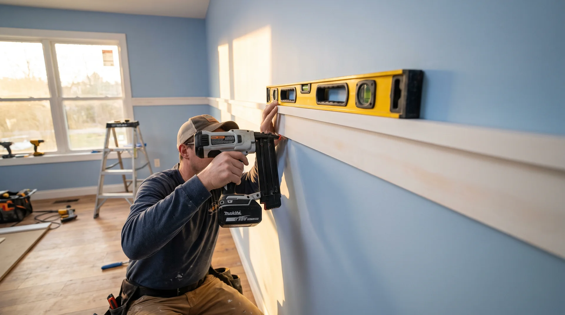Person pressing white MDF trim along the top of a powder blue wall with a brad nailer and level.