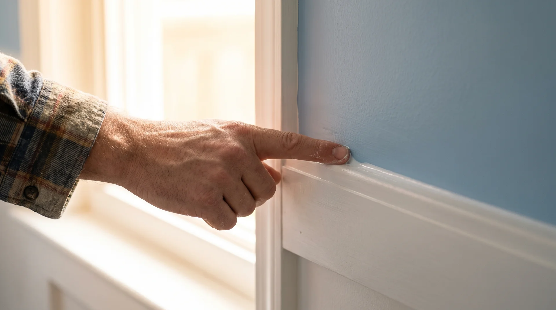 Hand smoothing a white caulk bead along the edge where MDF trim meets a powder blue painted wall.