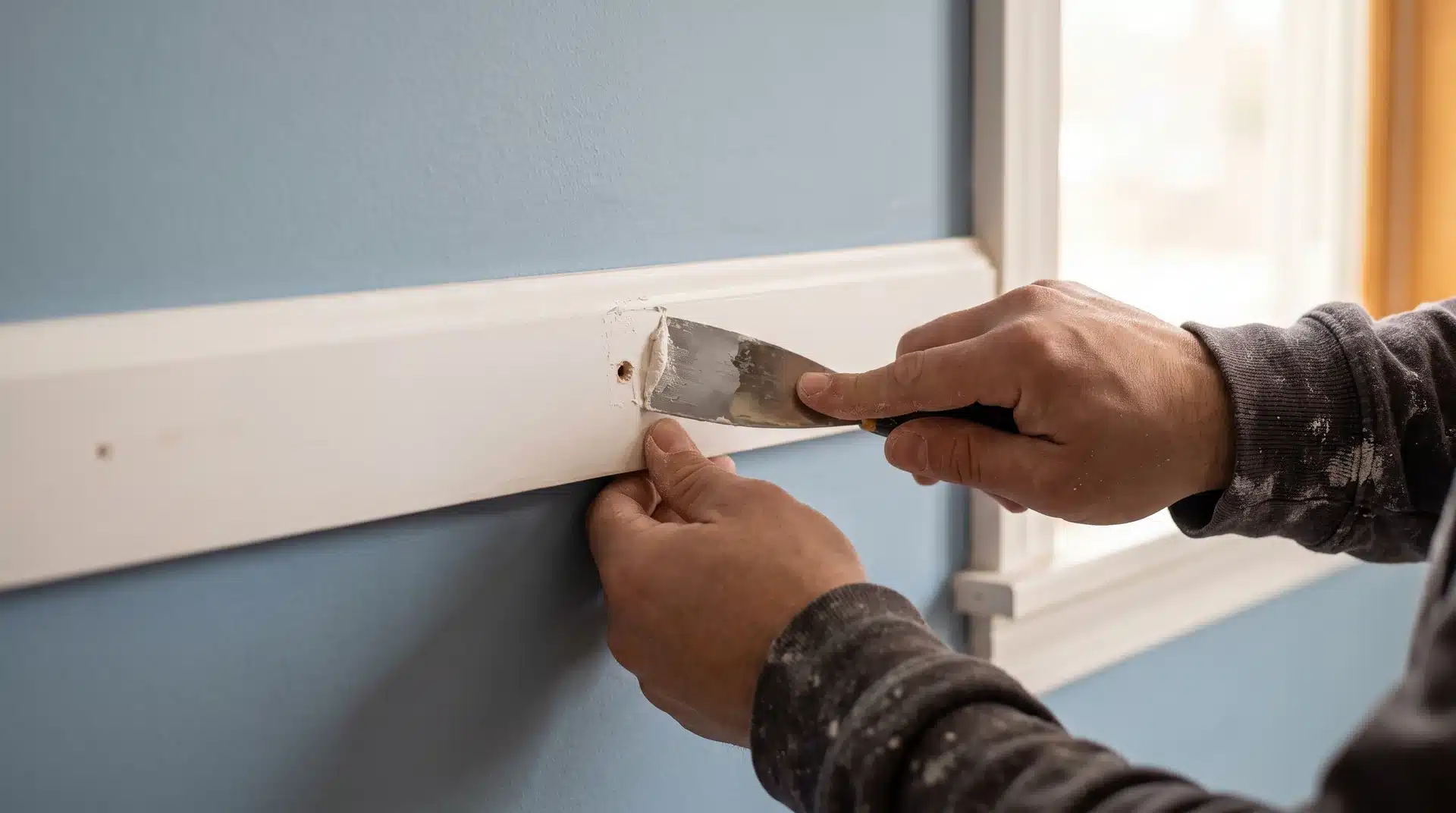 Person applying white spackle to nail holes on MDF trim against a powder blue accent wall,