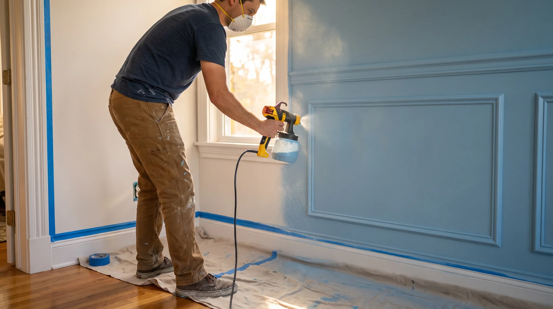Wagner paint sprayer applying powder blue flat finish paint to a trim accent wall with painter's tape.