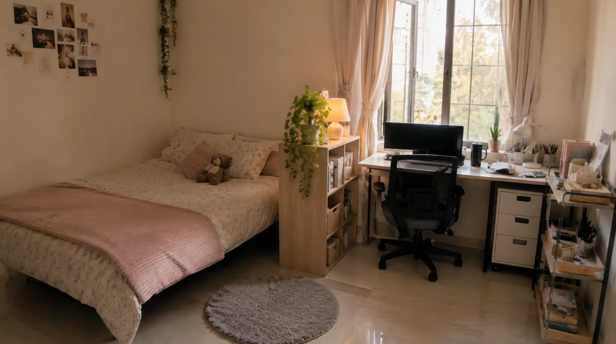 study and sleep layout with bed, desk, rug, shelf, lamp, books, and natural light