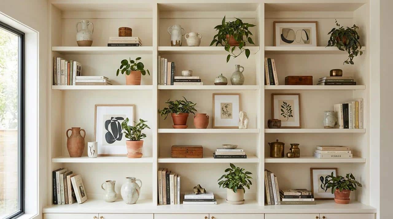 Styled shelves with books, plants, and decorative objects arranged neatly.