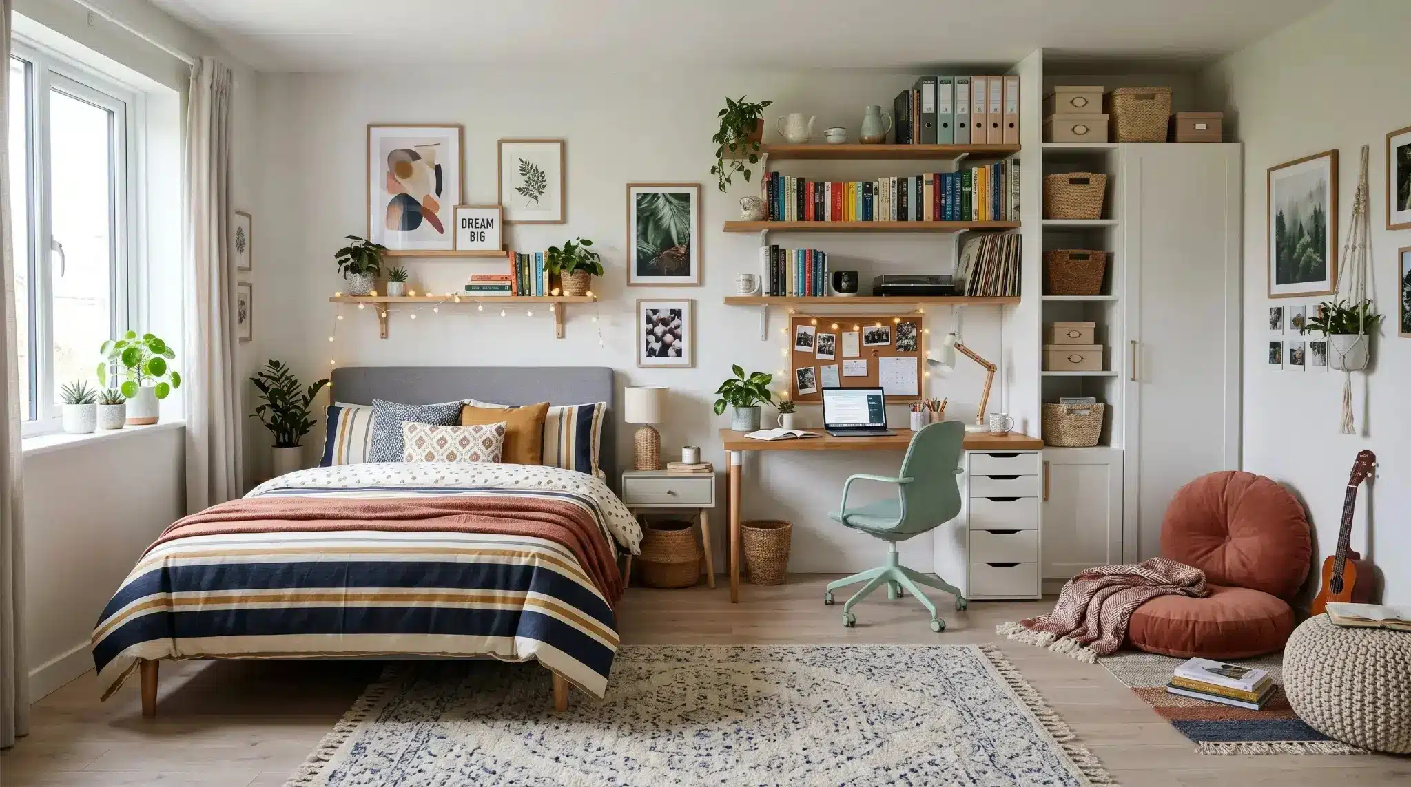 teen dream room layout with bed study desk storage shelves reading corner and soft lighting