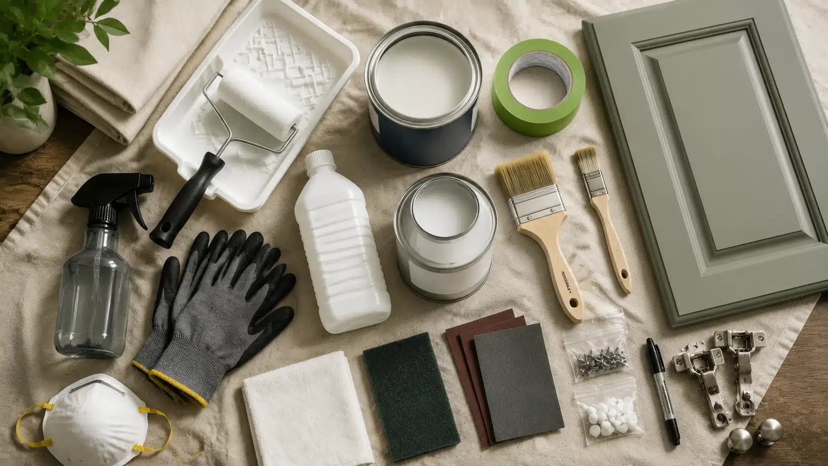 Top-down view of kitchen cabinet painting supplies including paint, brushes, roller, sandpaper, tape, gloves, primer, and tools on a workspace.