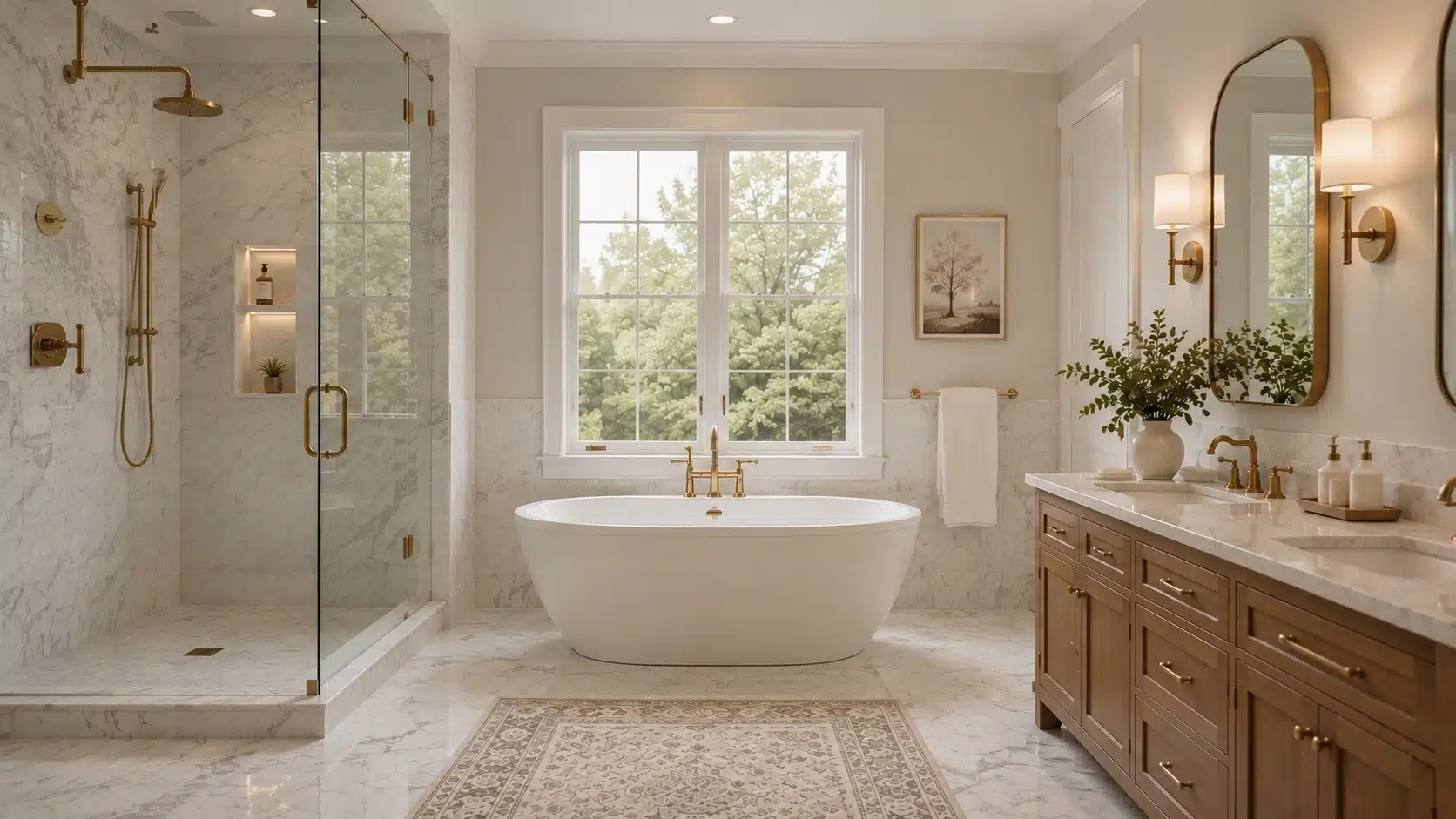 Transitional bathroom with freestanding tub, marble finishes, glass shower, and warm brass fixtures