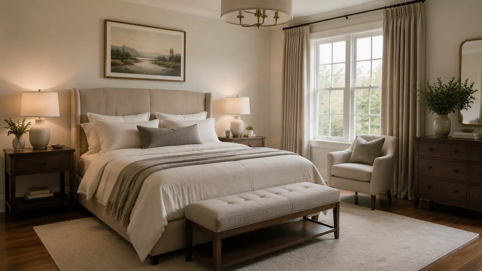 Transitional bedroom with upholstered bed, neutral bedding, wood furniture, and soft layered lighting
