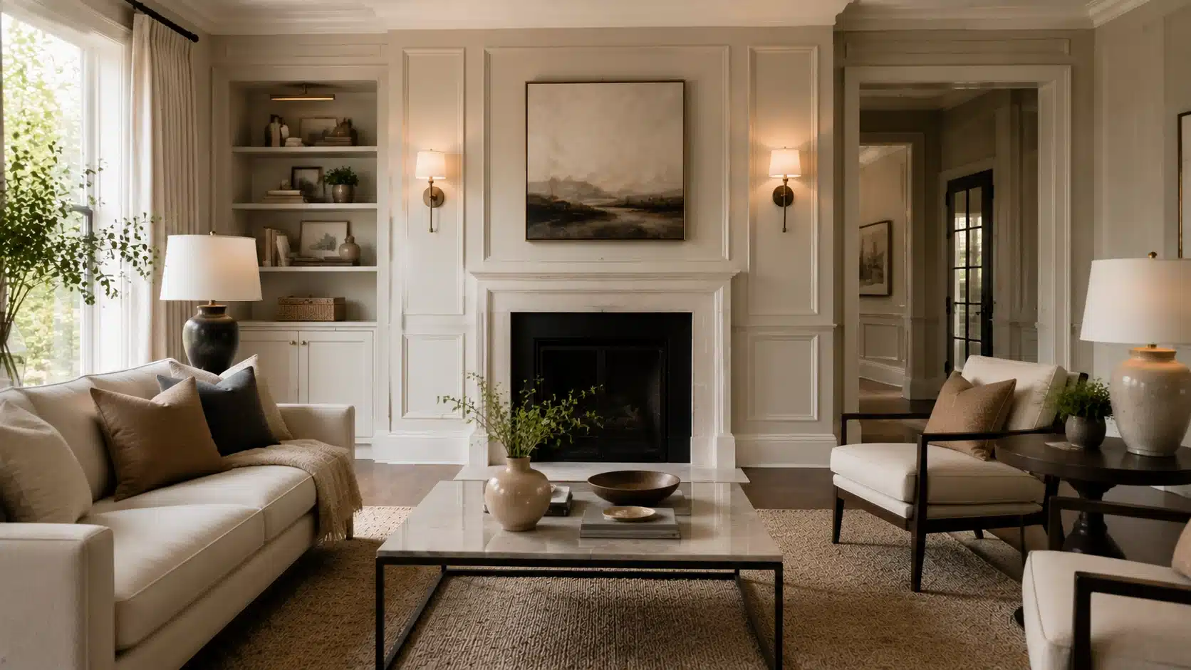 Transitional living room with wall paneling, built-in shelves, fireplace, and balanced architectural details.