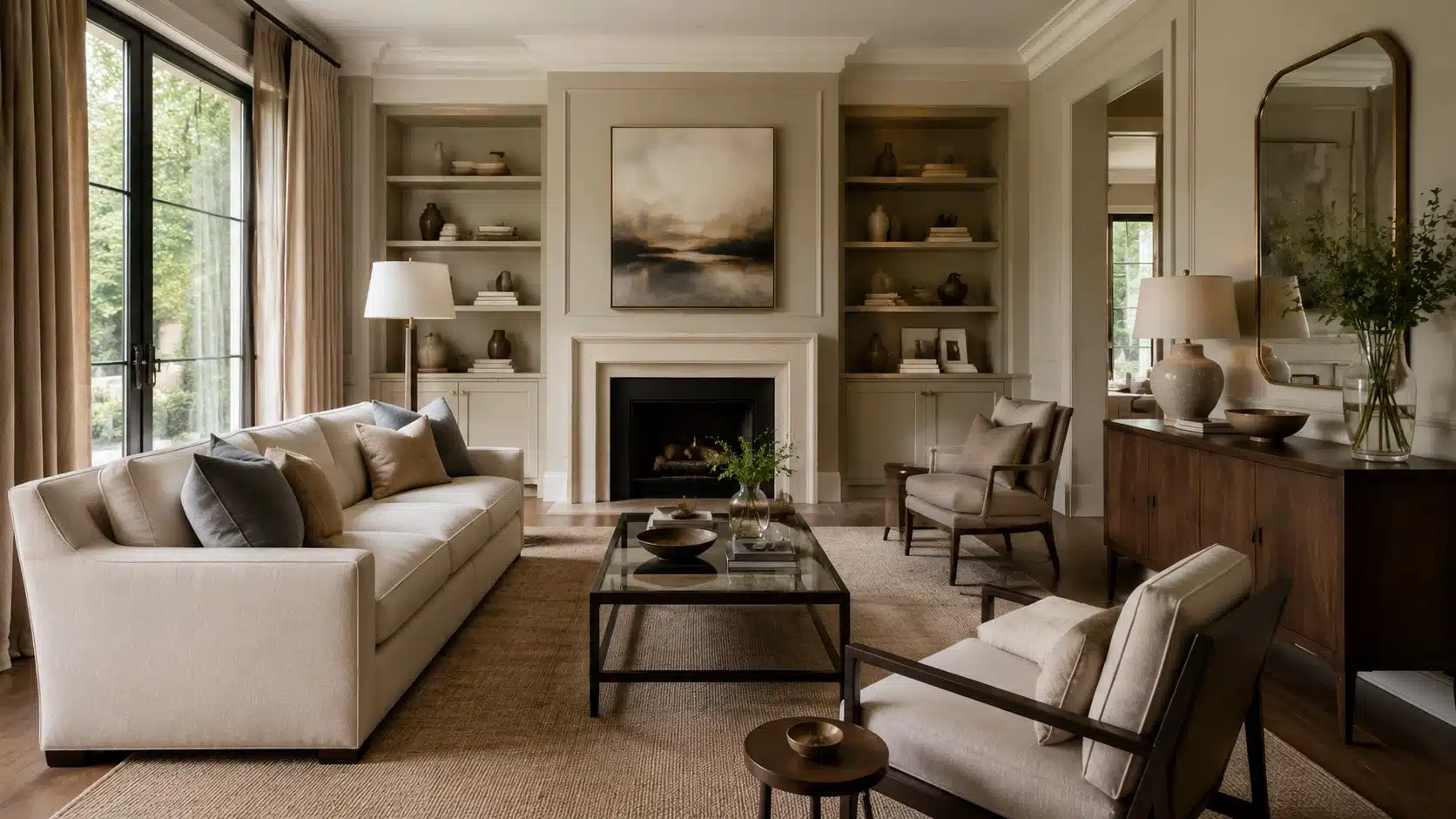 Transitional living room with neutral tones, modern and traditional furniture, layered textures, and balanced decor.