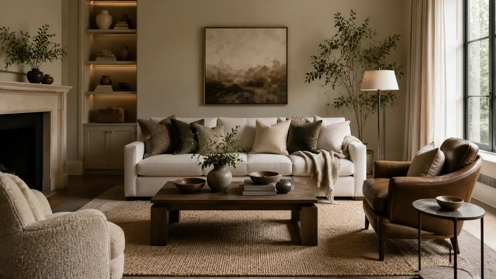 Transitional living room with layered textures, linen curtains, woven rug, velvet cushions, and wood accents.