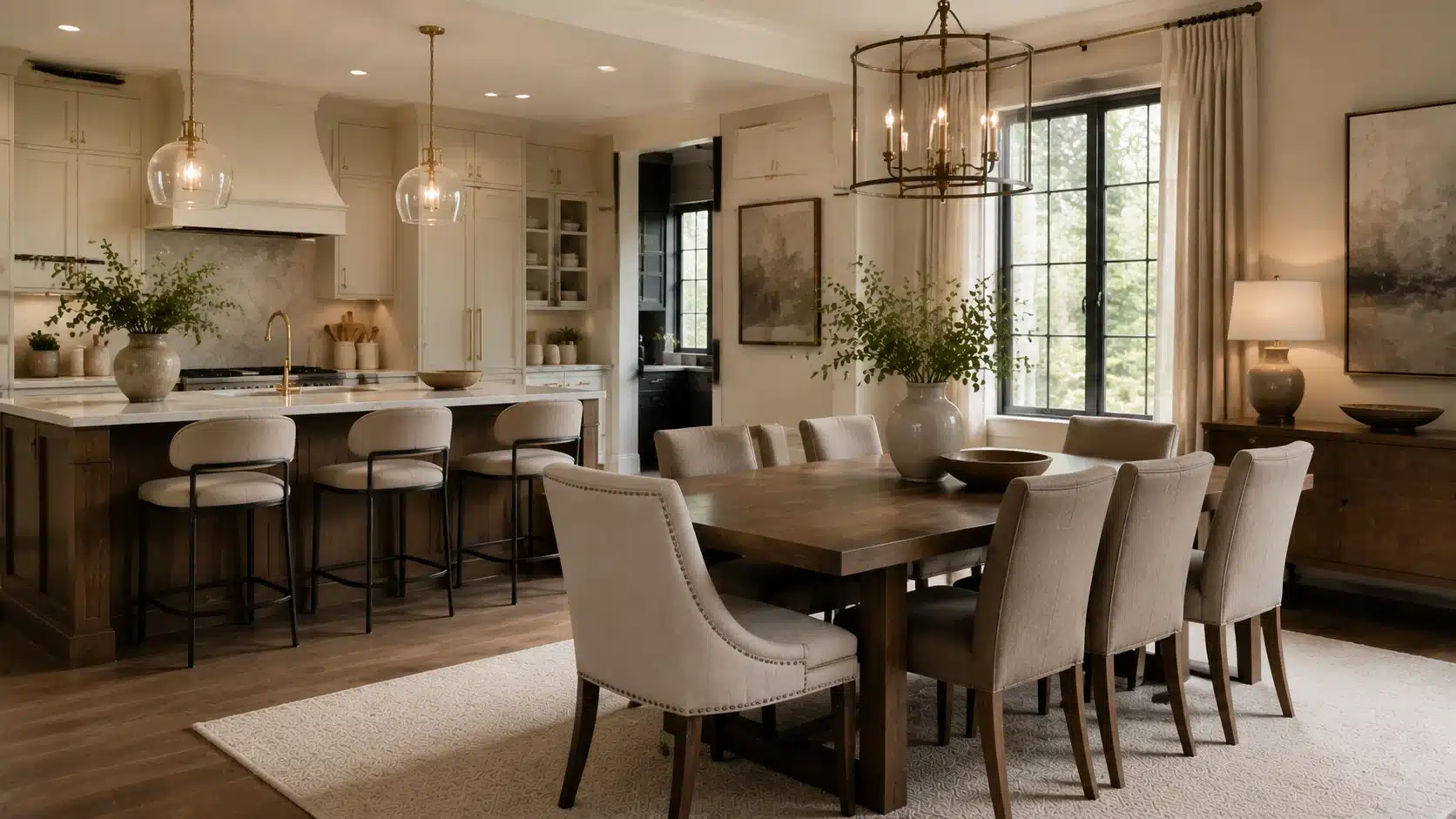 Transitional kitchen and dining area with wood, stone, glass, and metal finishes in a warm neutral style.