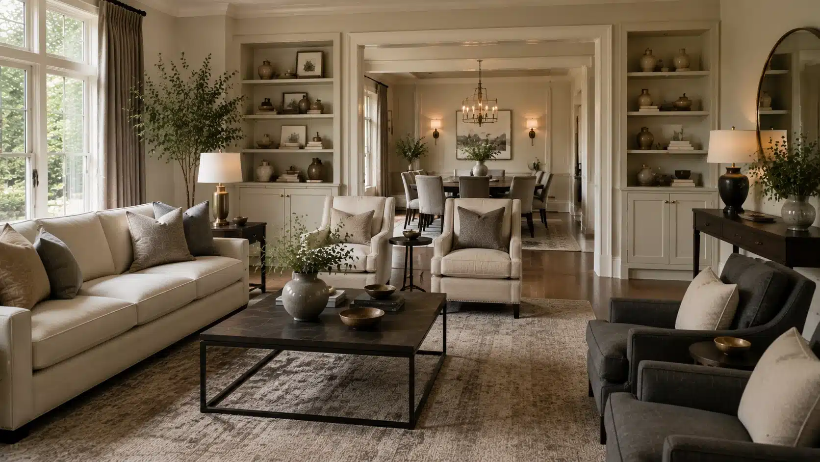 Transitional interior design living room with classic details, modern furniture, neutral colors, and a warm balanced atmosphere.