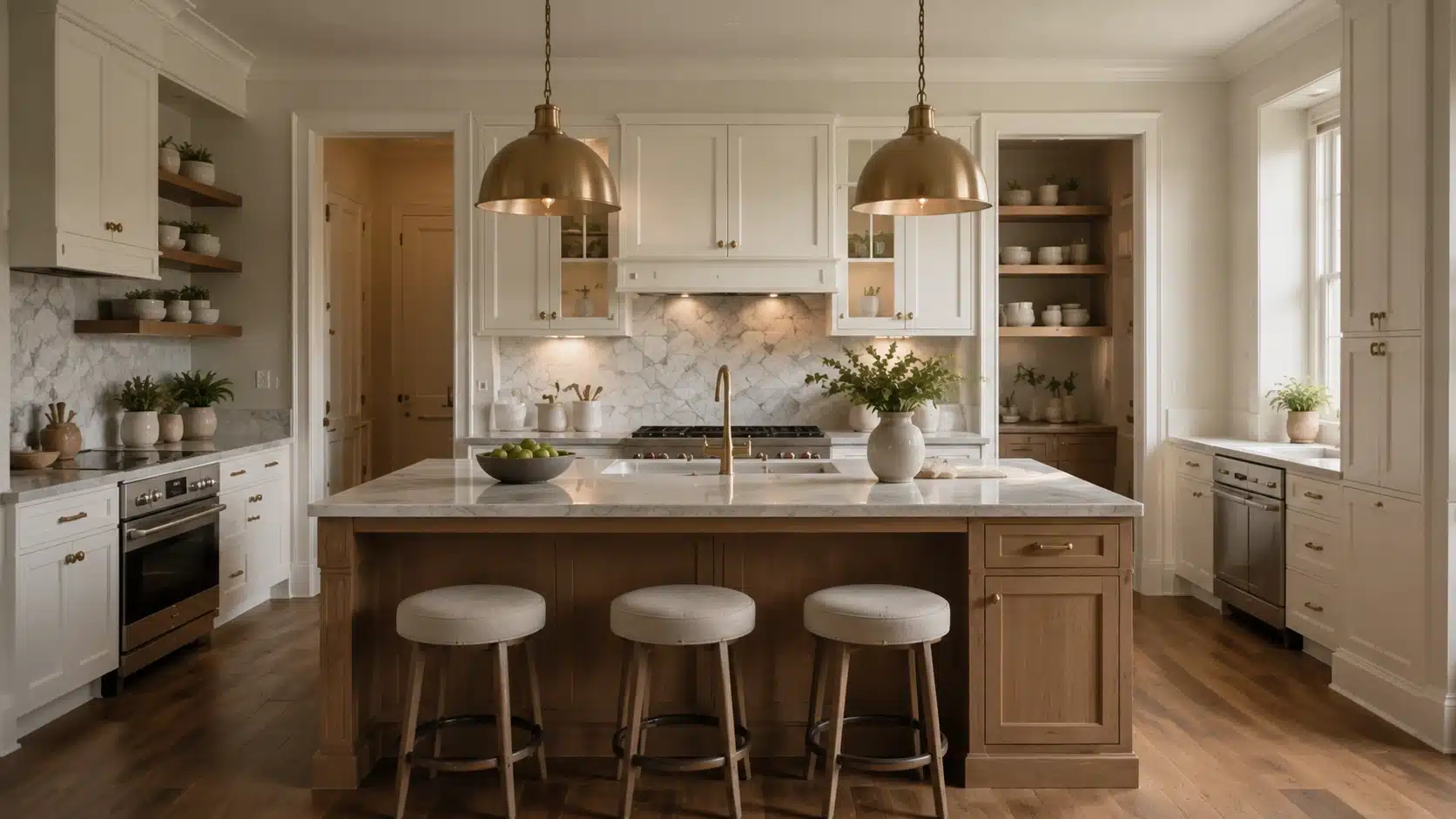 Transitional kitchen with shaker cabinets, marble island, brass fixtures, and warm wood accents