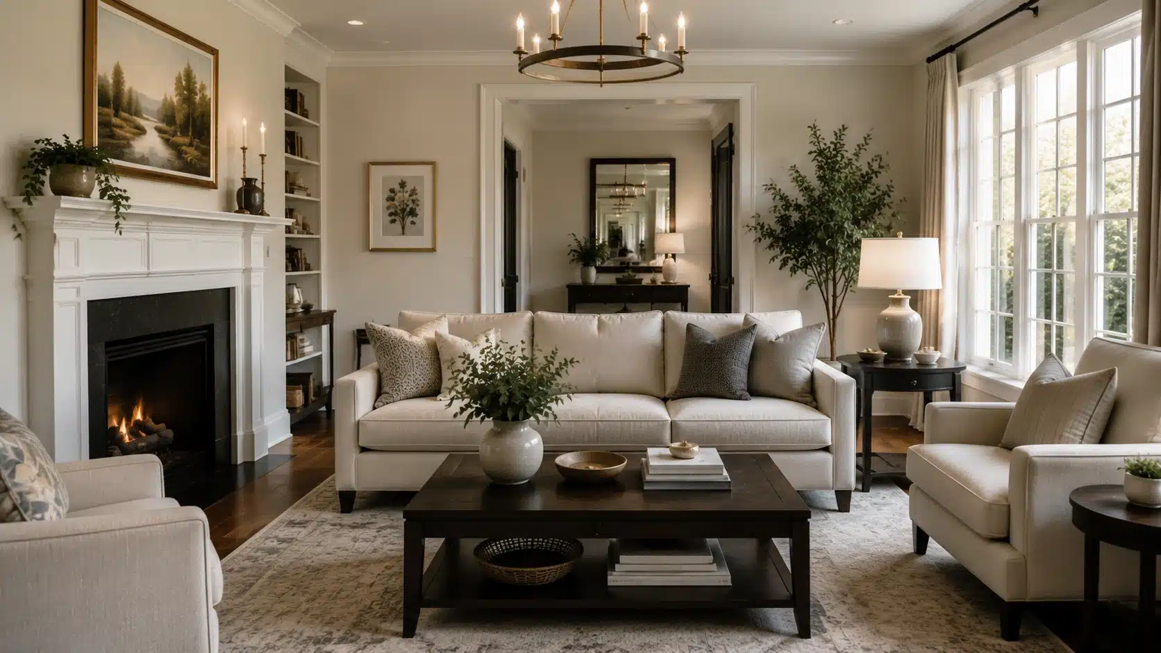 Transitional living room with neutral sofa, fireplace, layered rugs, and classic modern decor elements