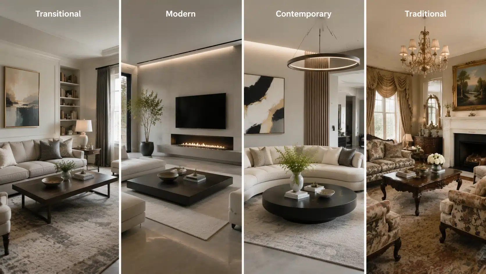 Four interior styles comparing Transitional Modern Contemporary and Traditional living room designs with distinct features