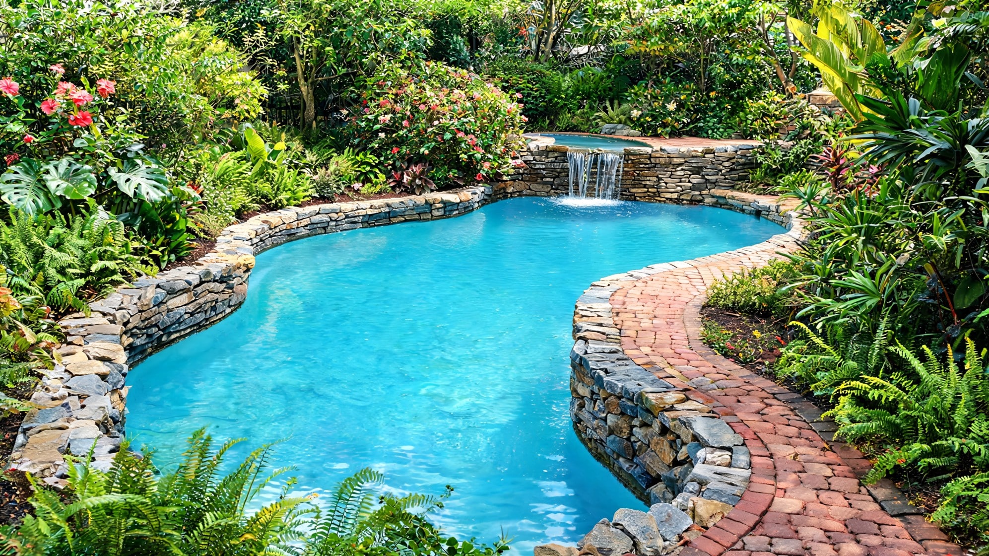 rock around pool ideas with stone wall waterfall brick path tropical plants and bright pool in a green yard