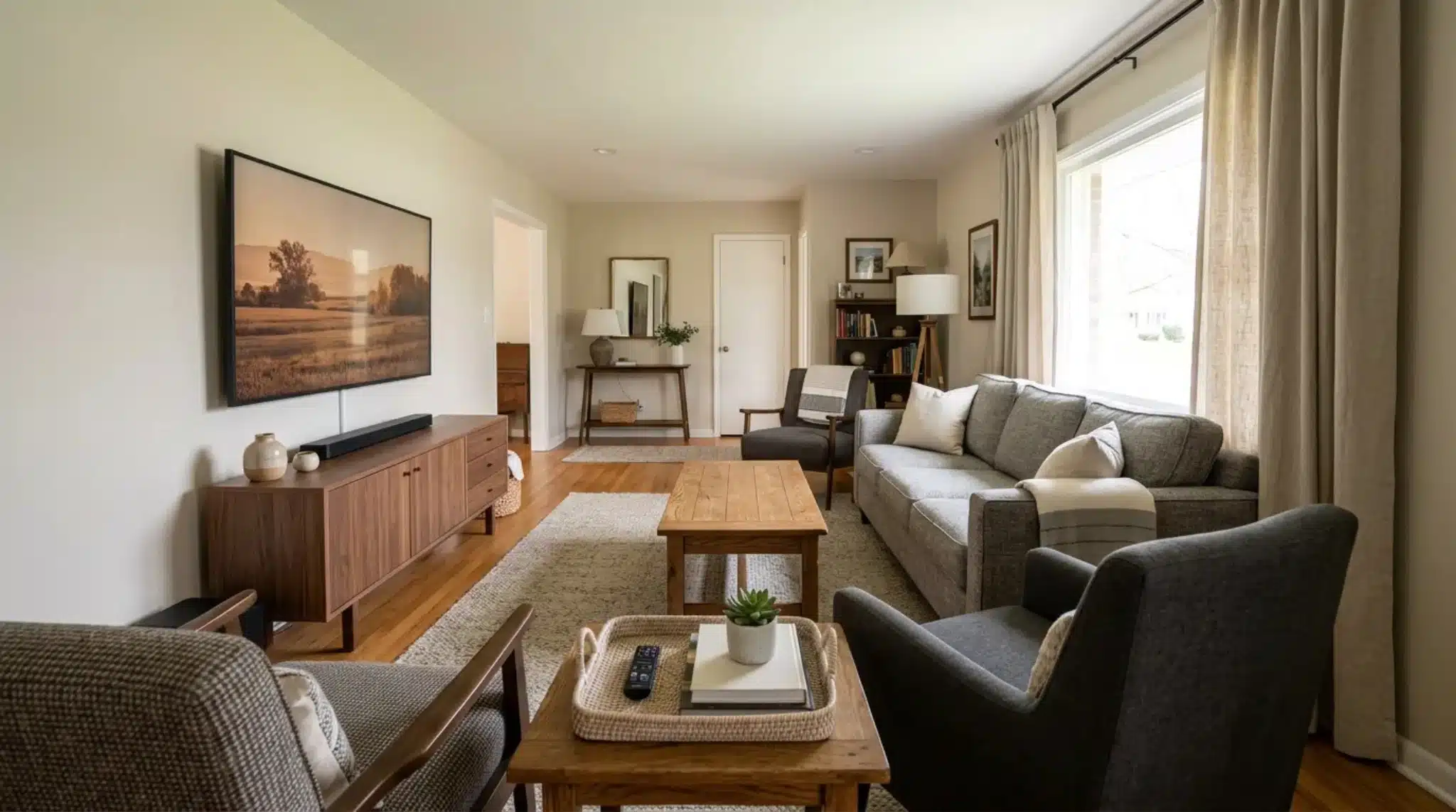tv focused living room layout with sofa facing tv chairs media console and clear walkway