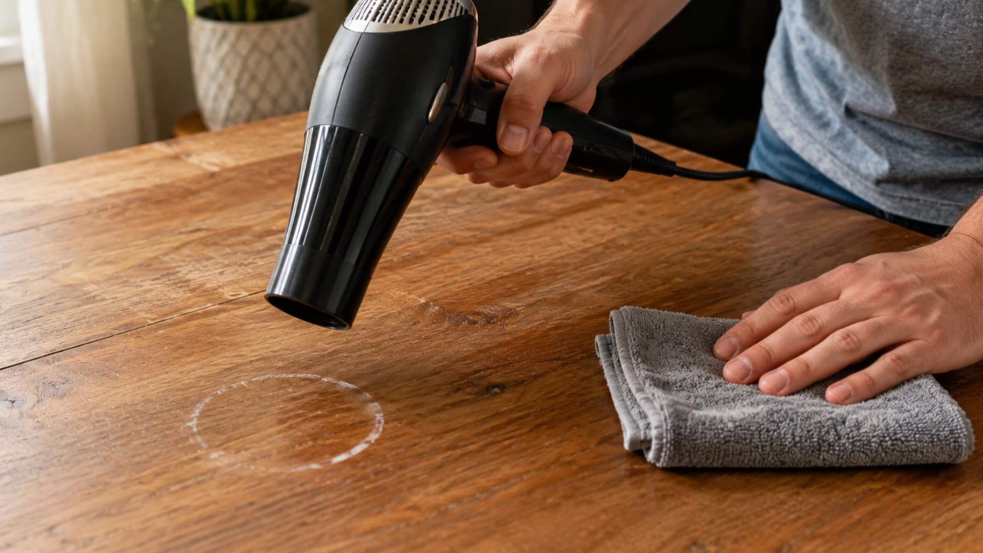 hair dryer held over a white water ring on a wood table surface to evaporate trapped moisture
