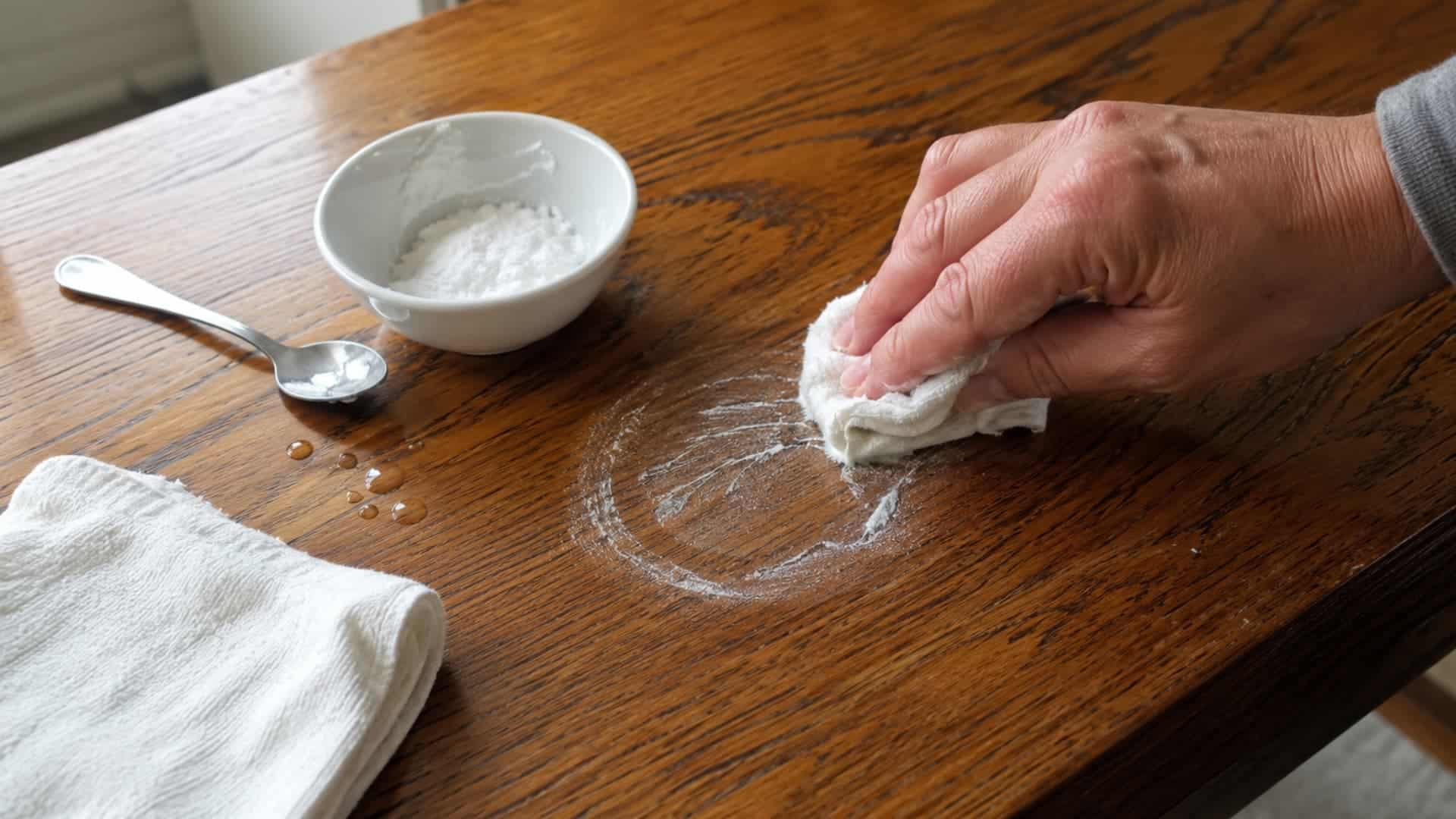 hand uses a white cloth and baking soda to scrub away a circular water stain from a wooden surface