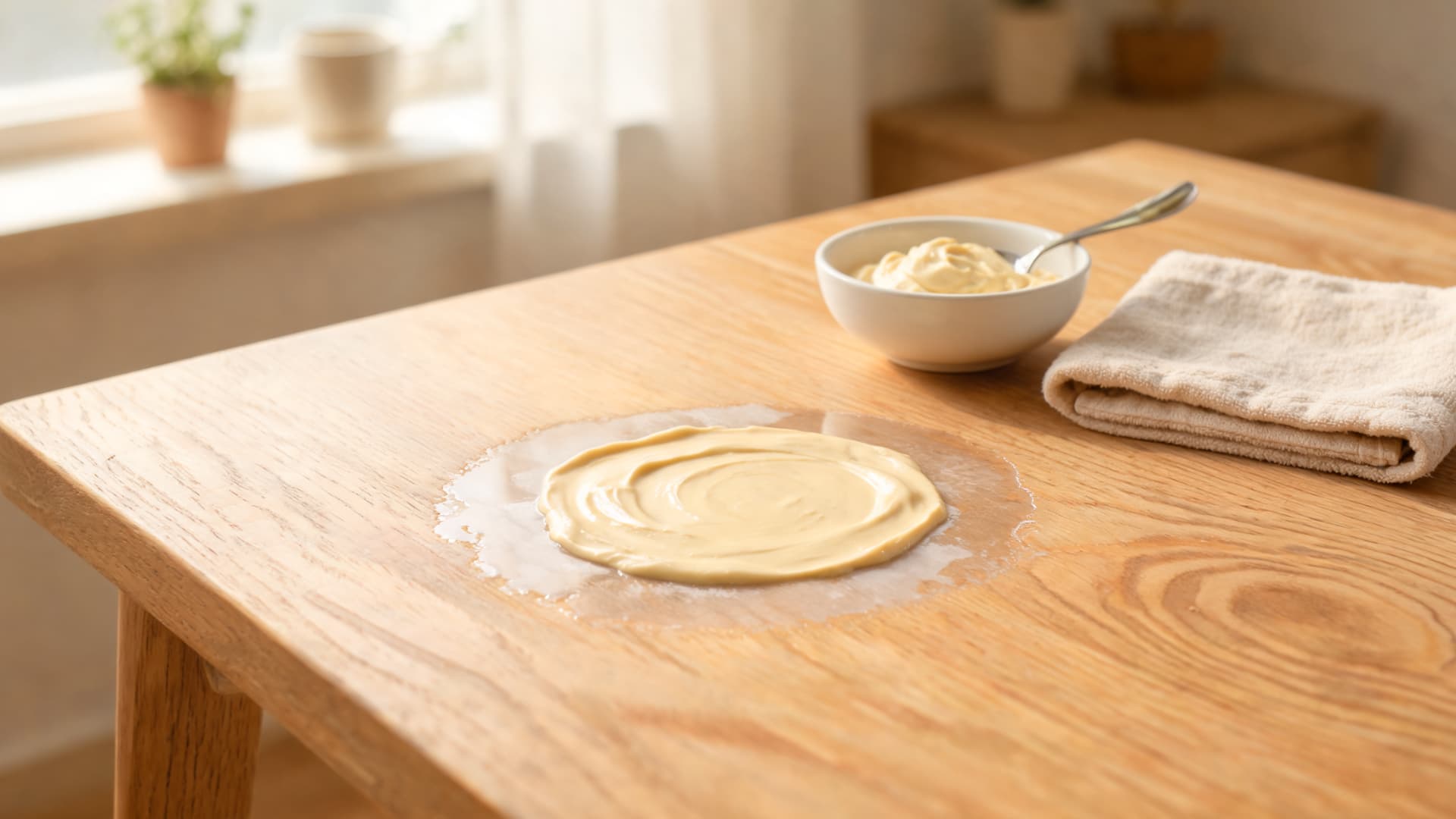 mayonnaise spread over a white water ring on wood as a simple home remedy for cloudy marks