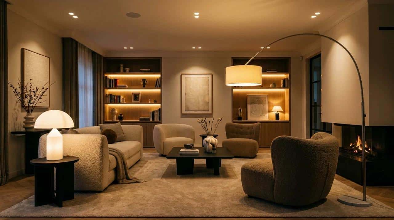 Interior with multiple lighting sources, including lamps and ceiling fixtures.