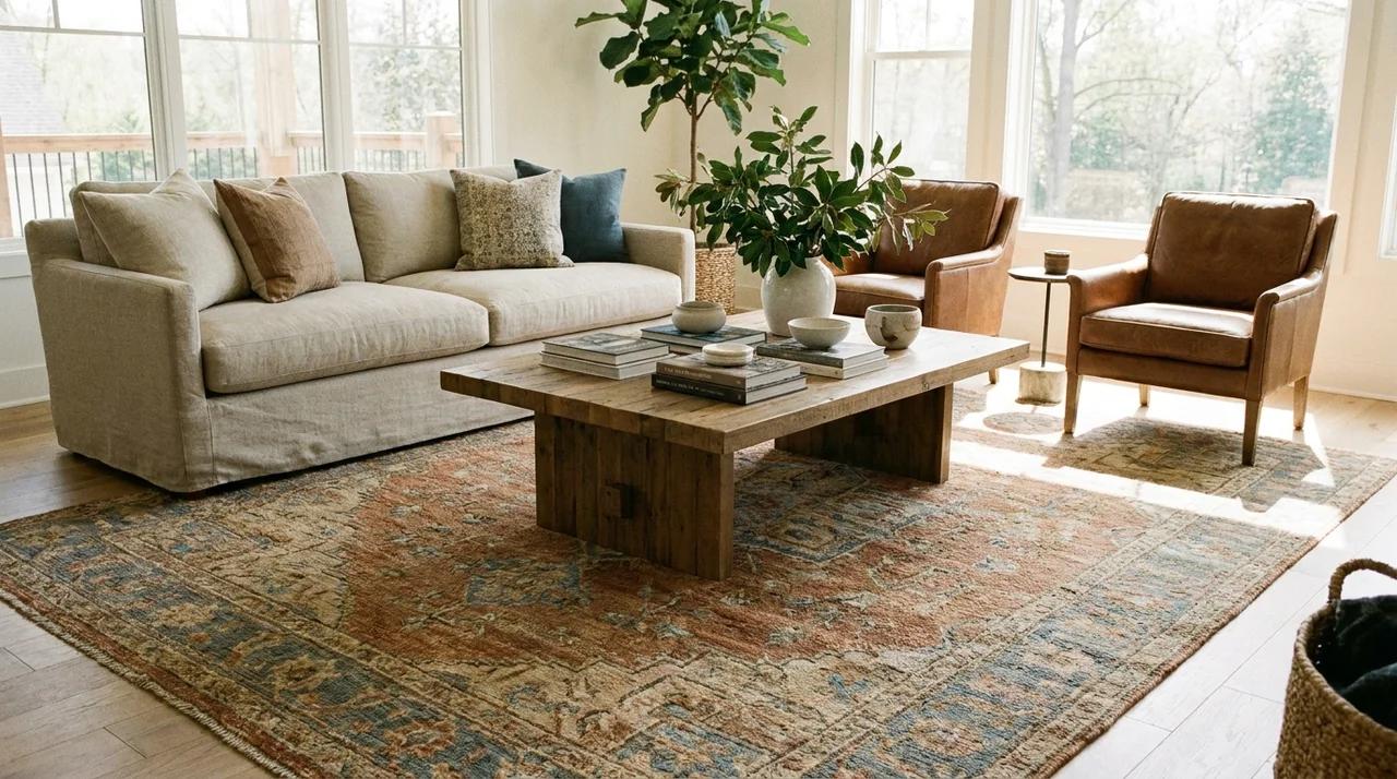 Area rug defining a seating space in a modern home interior.