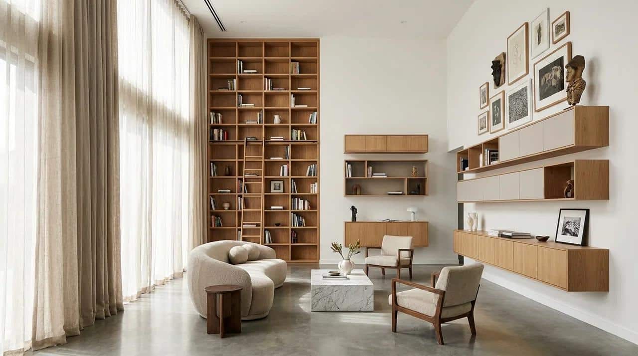 Tall shelves and vertical decor elements maximizing wall space.