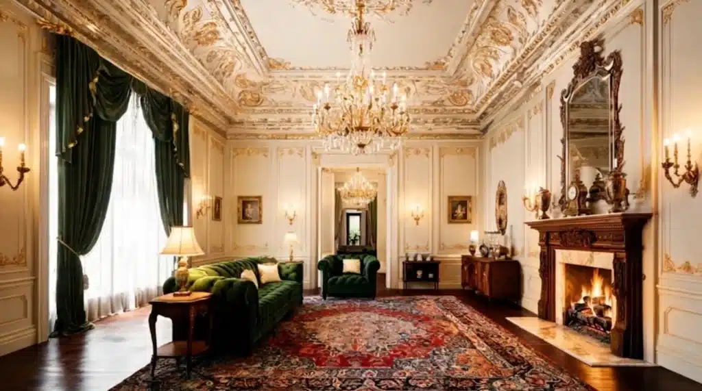 victorian living room with green velvet sofas gold ceiling chandelier ornate fireplace tall curtains and a red rug
