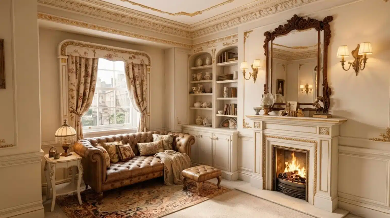 victorian sitting room with tufted leather sofa fireplace tall curtains shelves floral rug cream walls and gold trim