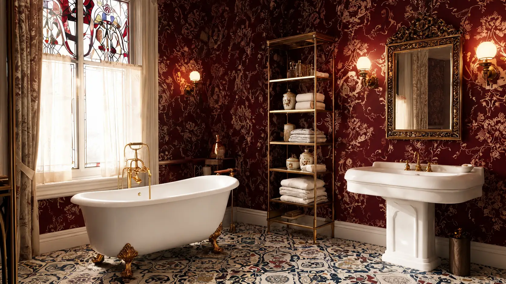 victorian bathroom with burgundy wallpaper clawfoot tub brass fixtures stained glass window and an ornate mirror