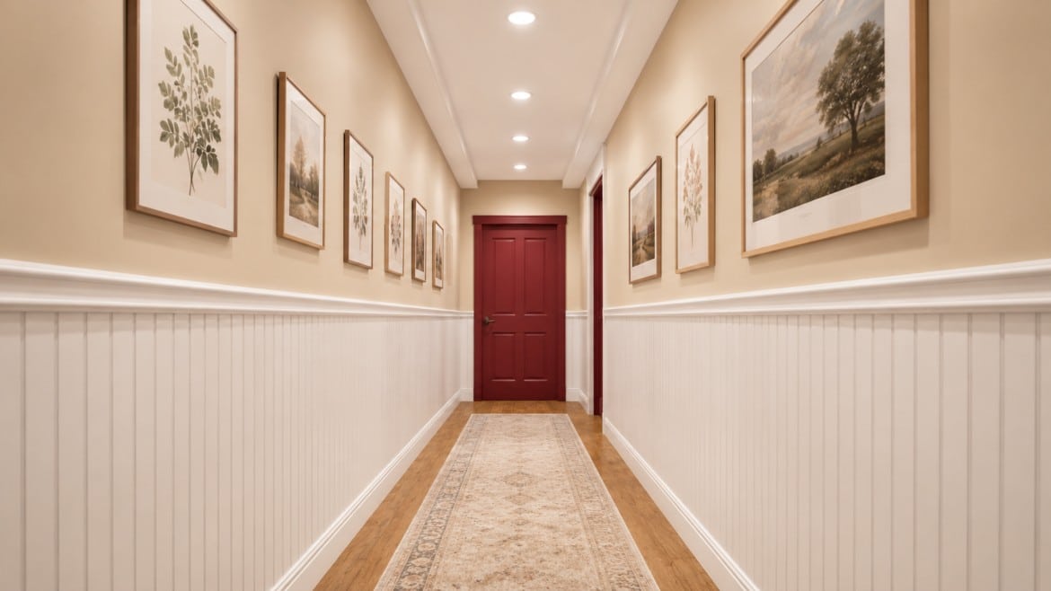 diy board and batten wall in a warm beige hallway with white lower trim framed art and soft runner rug