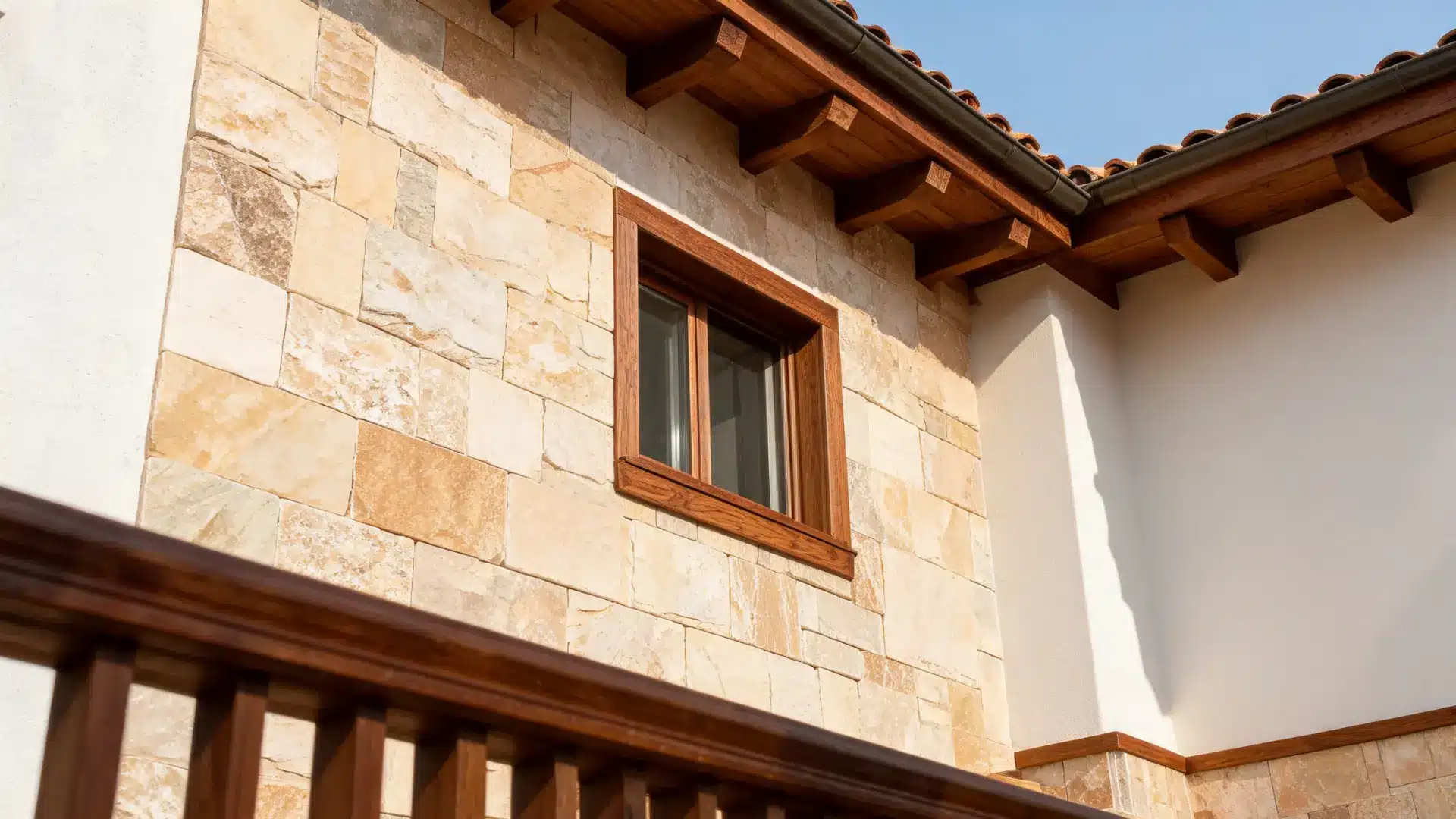 warm travertine stone wall on a mediterranean style exterior