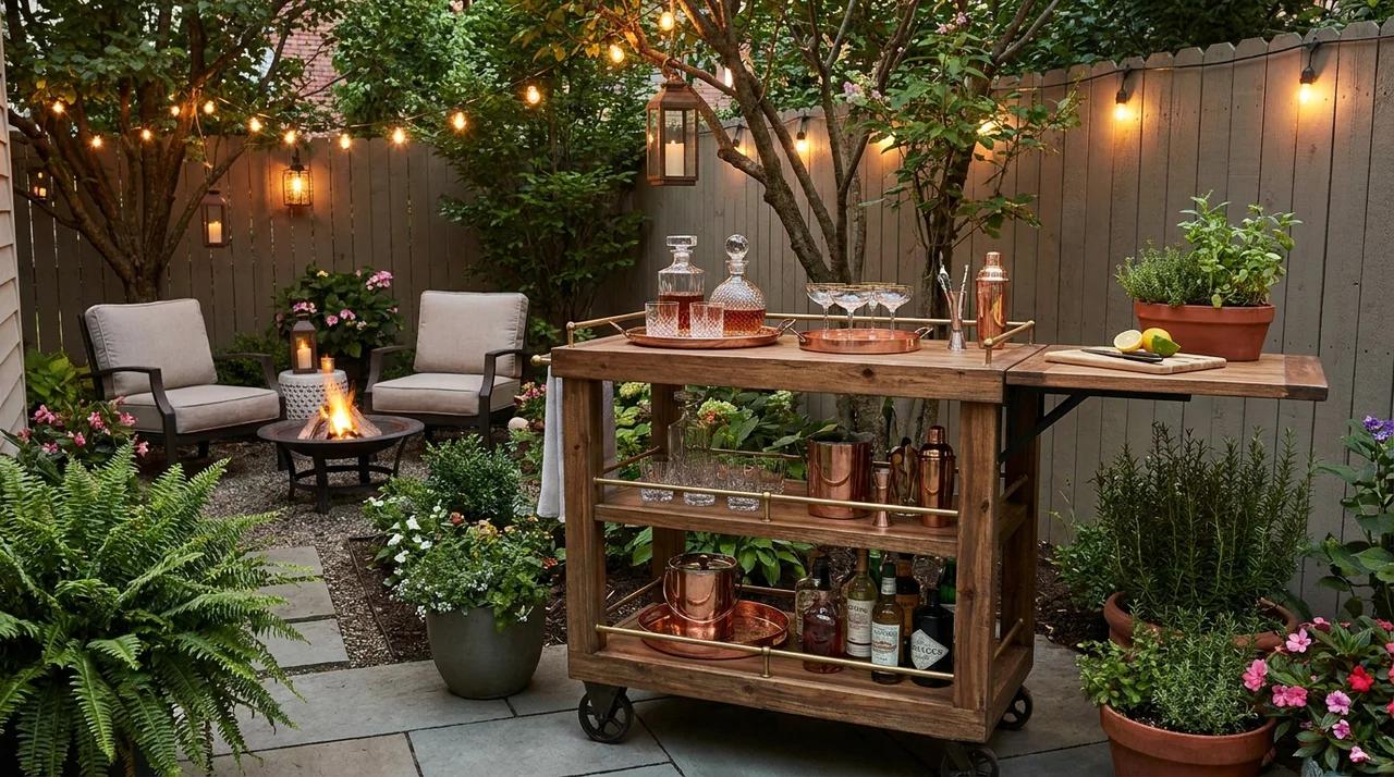 Outdoor bar cart station creating a compact entertaining area in a small backyard..