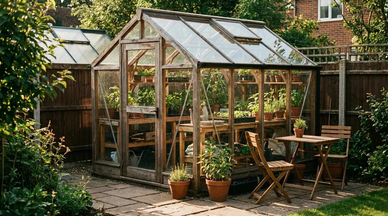 Compact backyard greenhouse with glass structure and gardening workspace.