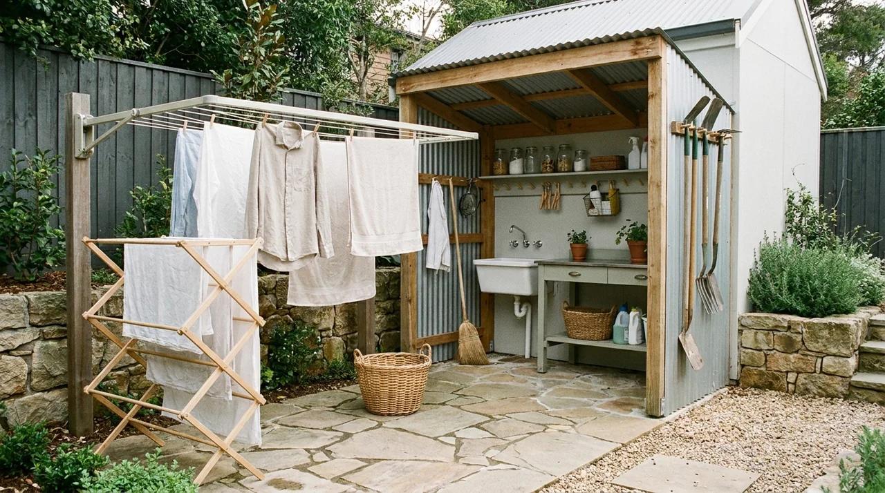Small backyard laundry drying area with clothesline and outdoor storage.